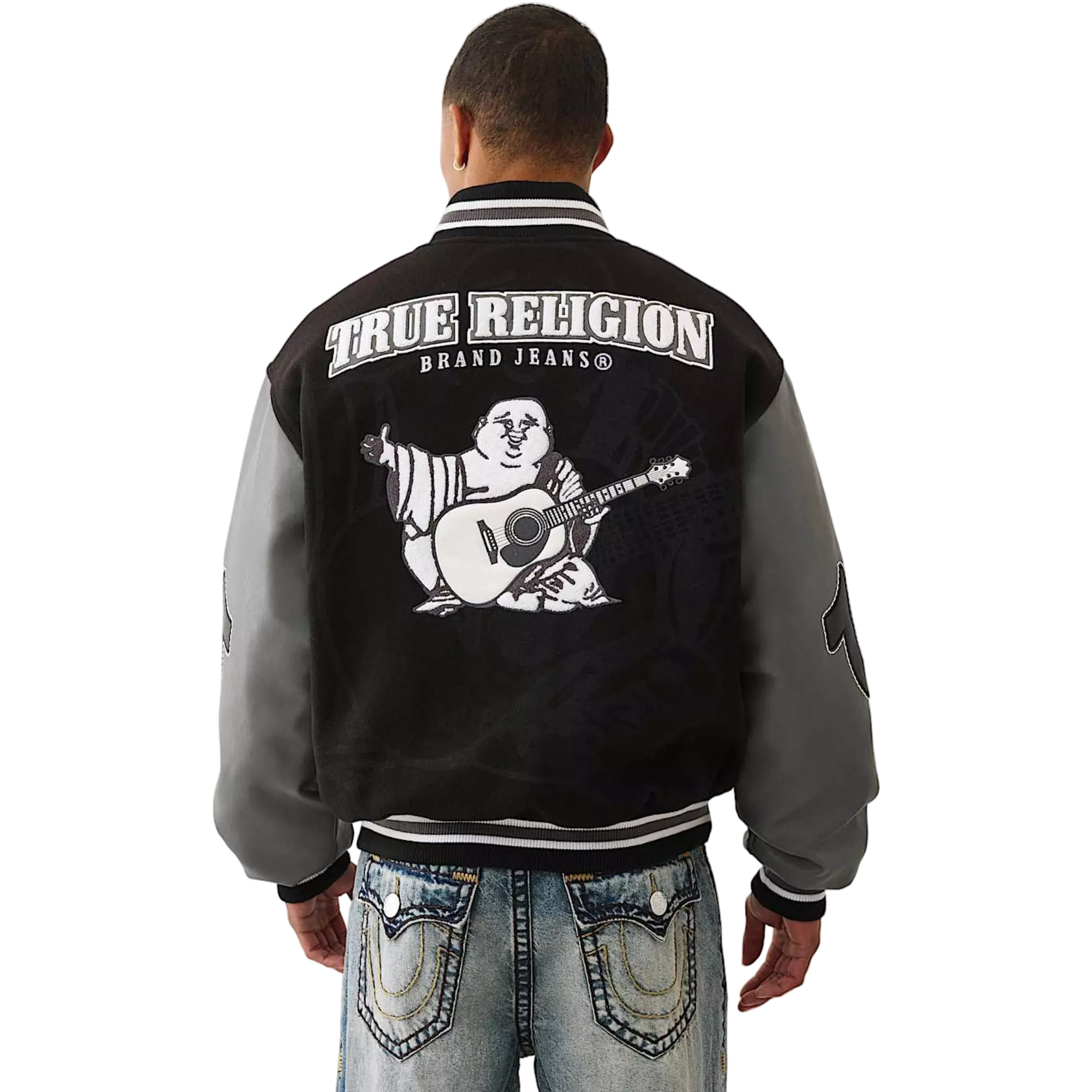 True Religion Men's Boxy Varsity Jacket - BLACK/GREY