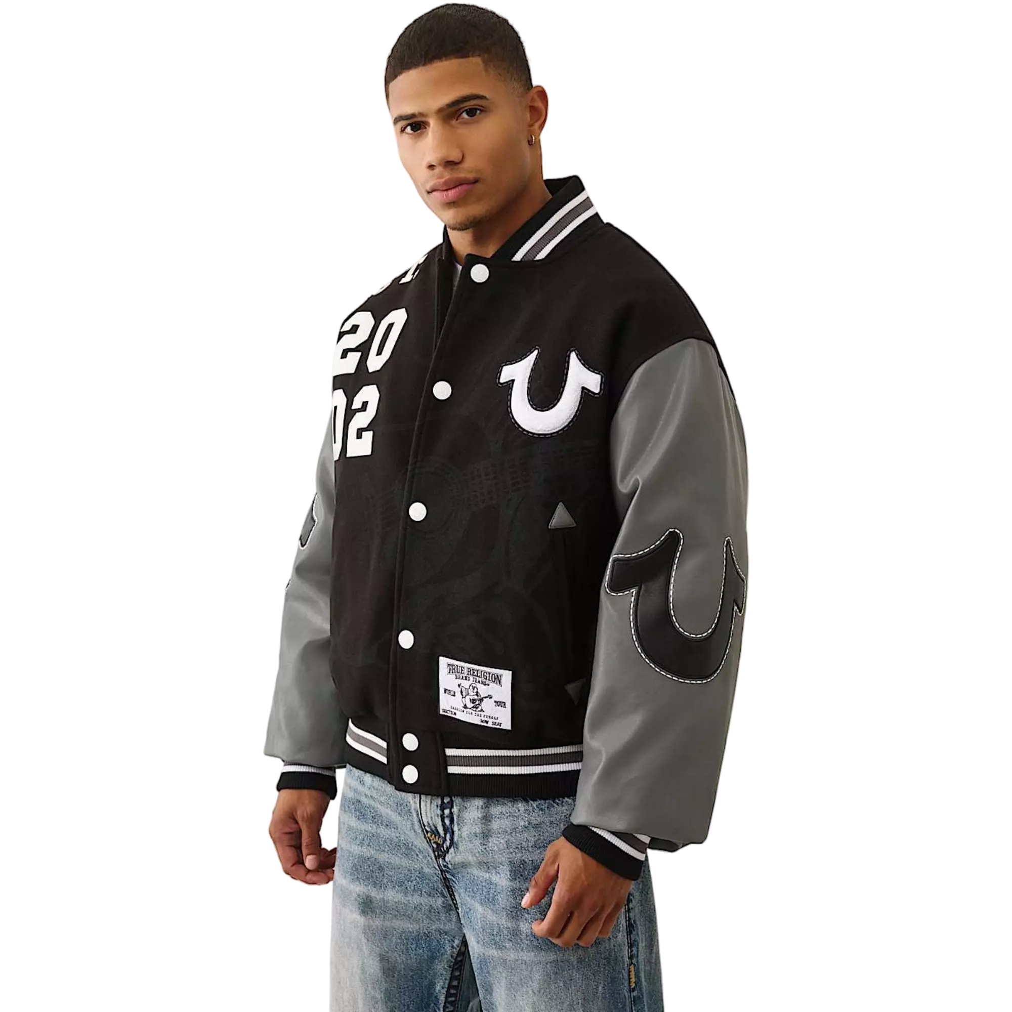 True Religion Men's Boxy Varsity Jacket - BLACK/GREY