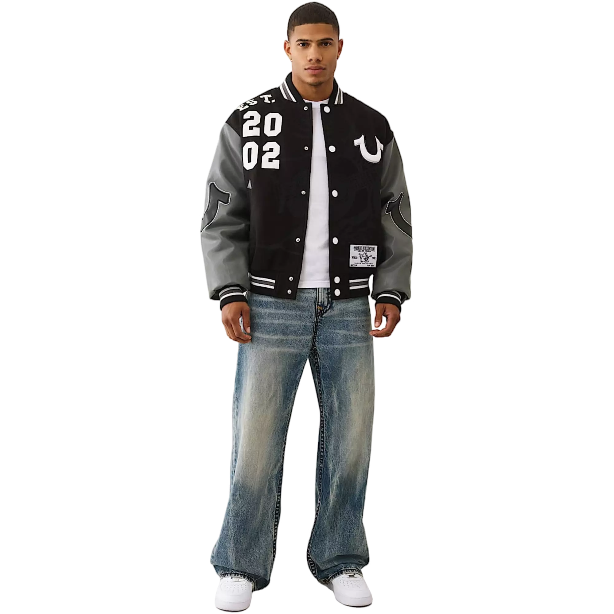 True Religion Men's Boxy Varsity Jacket - BLACK/GREY