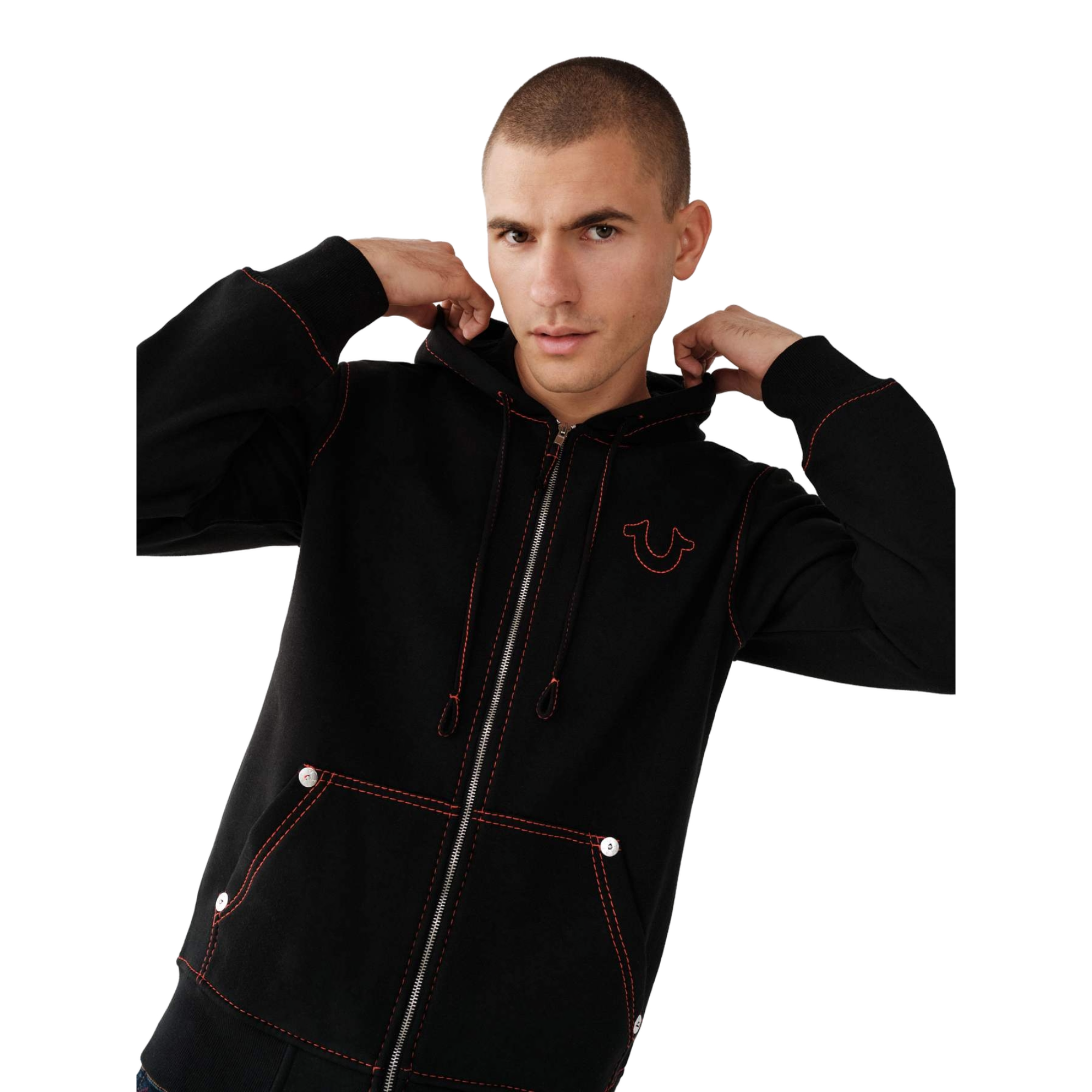 True Religion Men's Big T Zip Up Jacket - BLACK/RED Thumbnail View 3