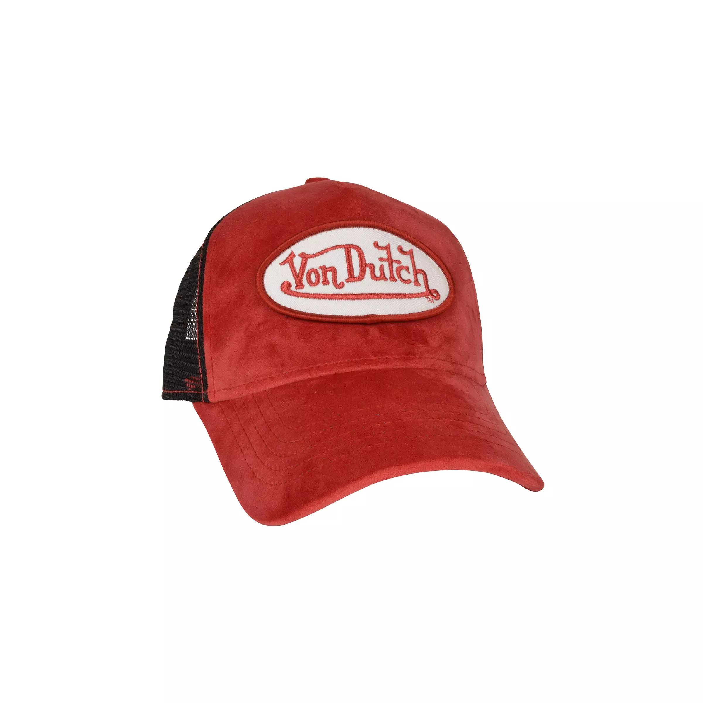 Von Dutch Velvet Trucker Snapback Hat-Red - RED