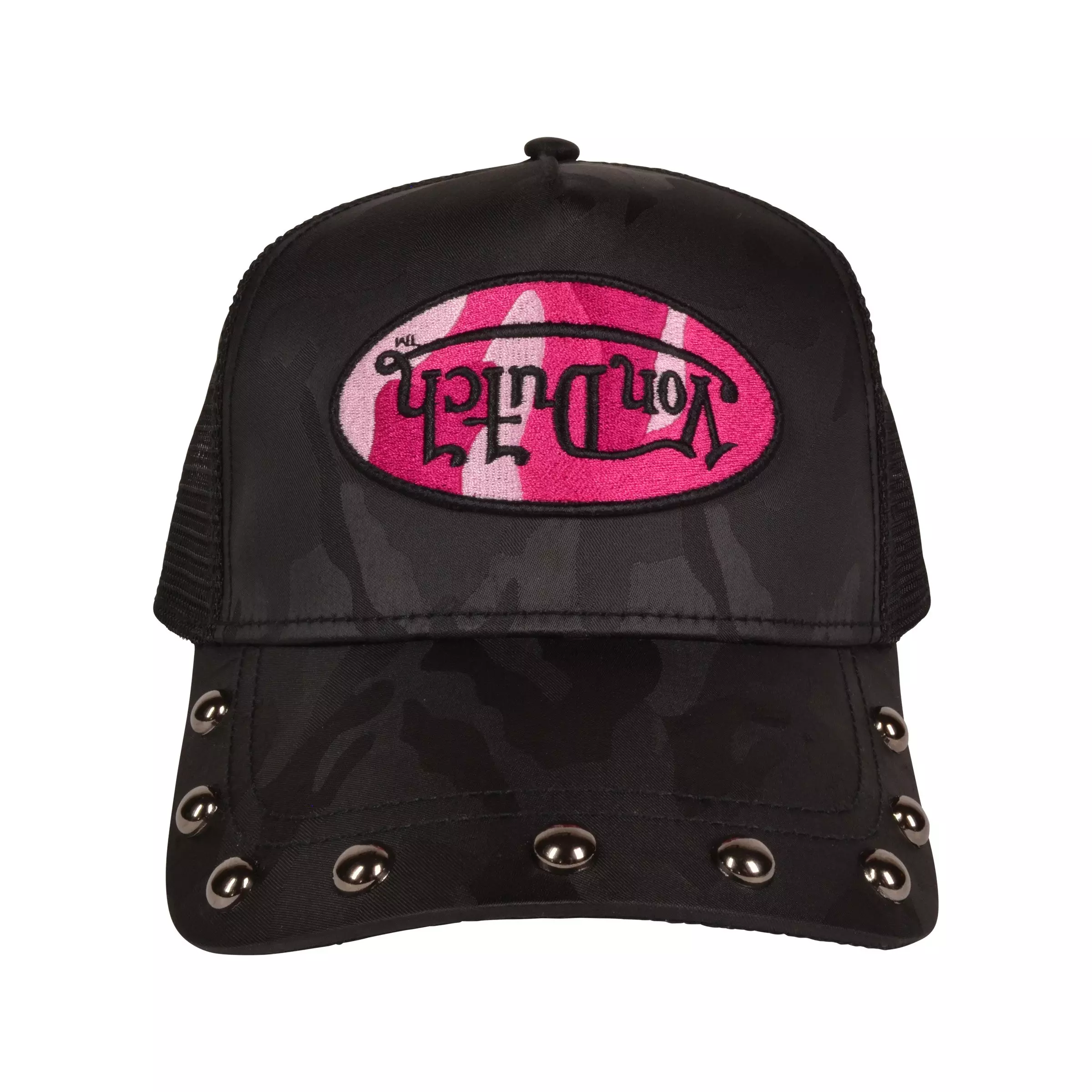 Von Dutch Studded Trucker Snapback Hat-Black - BLACK