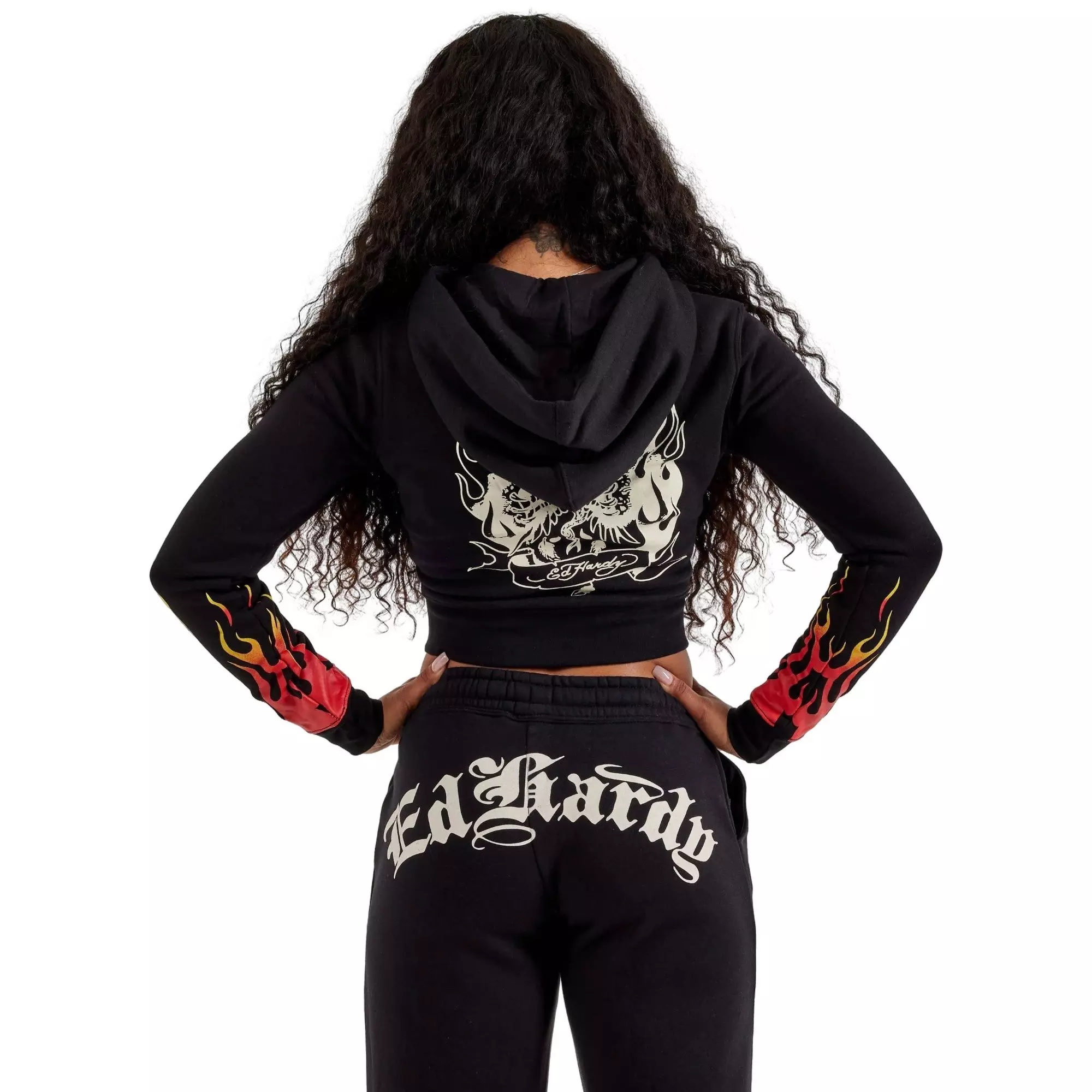 Ed Hardy Women's Tiger Flame Y2K Full-Zip Fleece Jacket - BLACK