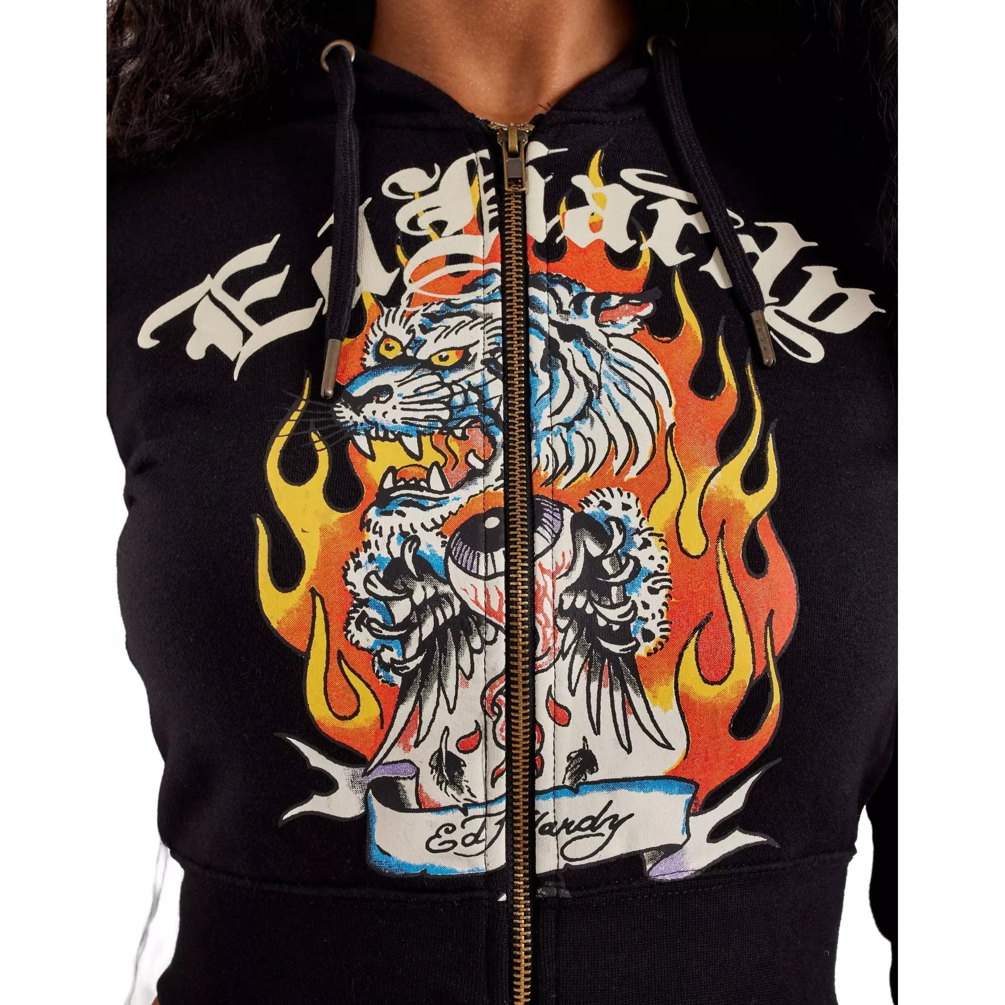 Ed Hardy Women's Tiger Flame Y2K Full-Zip Fleece Jacket - BLACK
