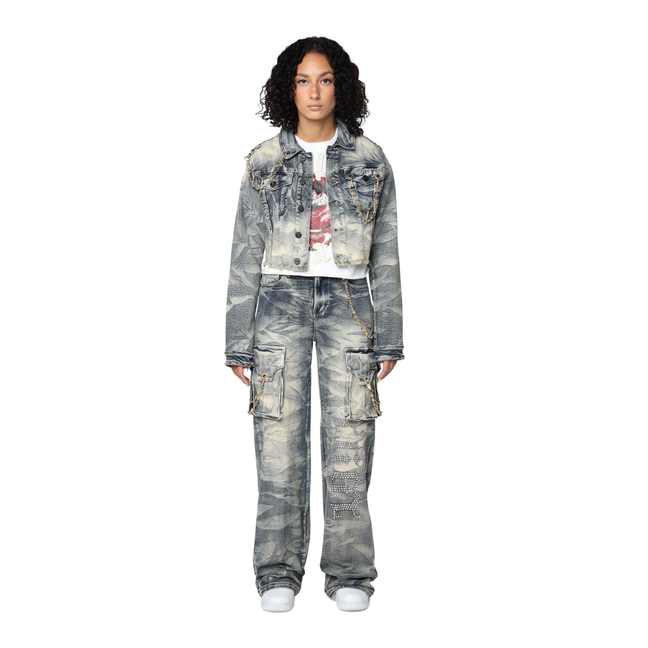 Smoke Rise Women's High Rise Wide Leg Chain Denim Pants - DENIM Thumbnail View 1