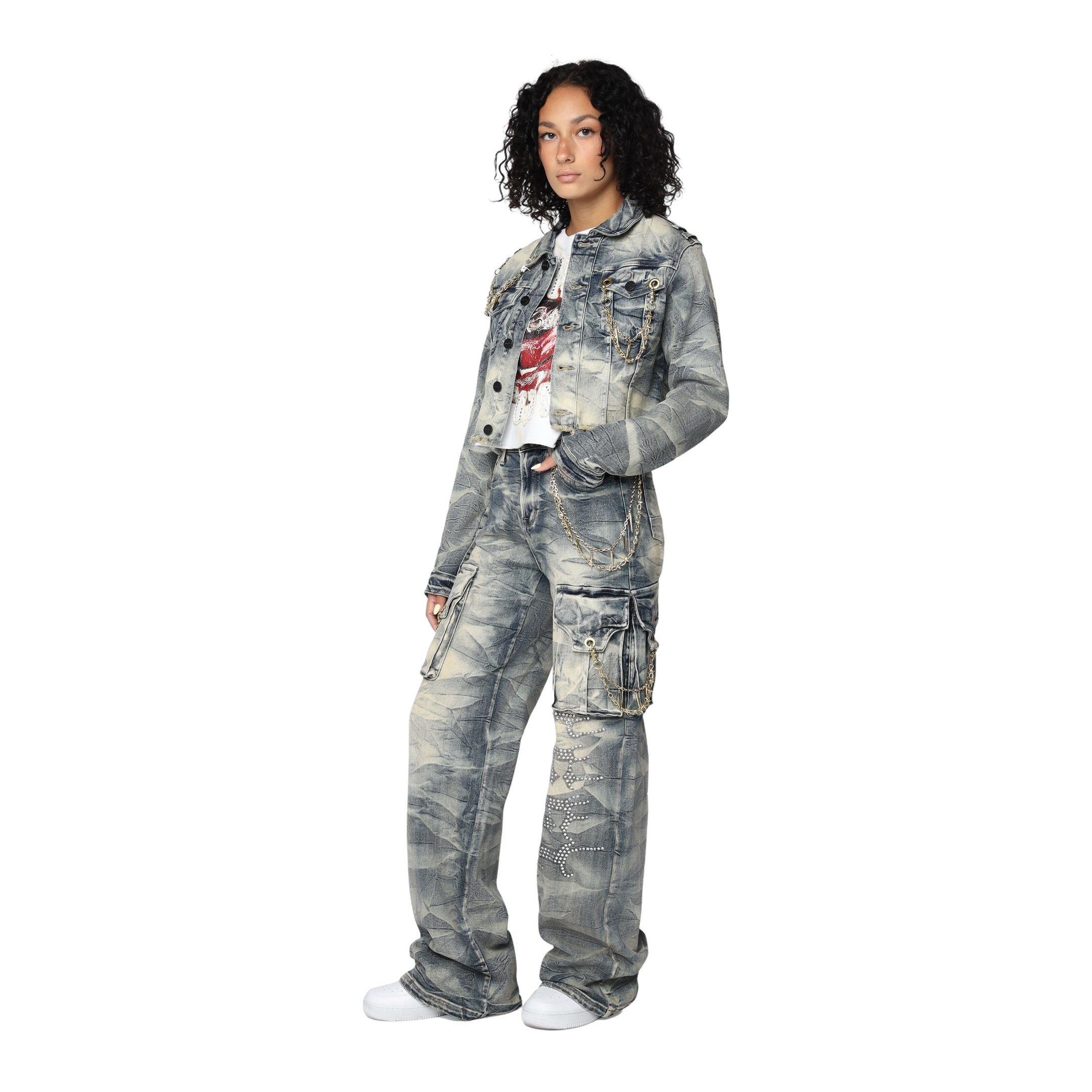 Smoke Rise Women's High Rise Wide Leg Chain Denim Pants - DENIM Thumbnail View 6