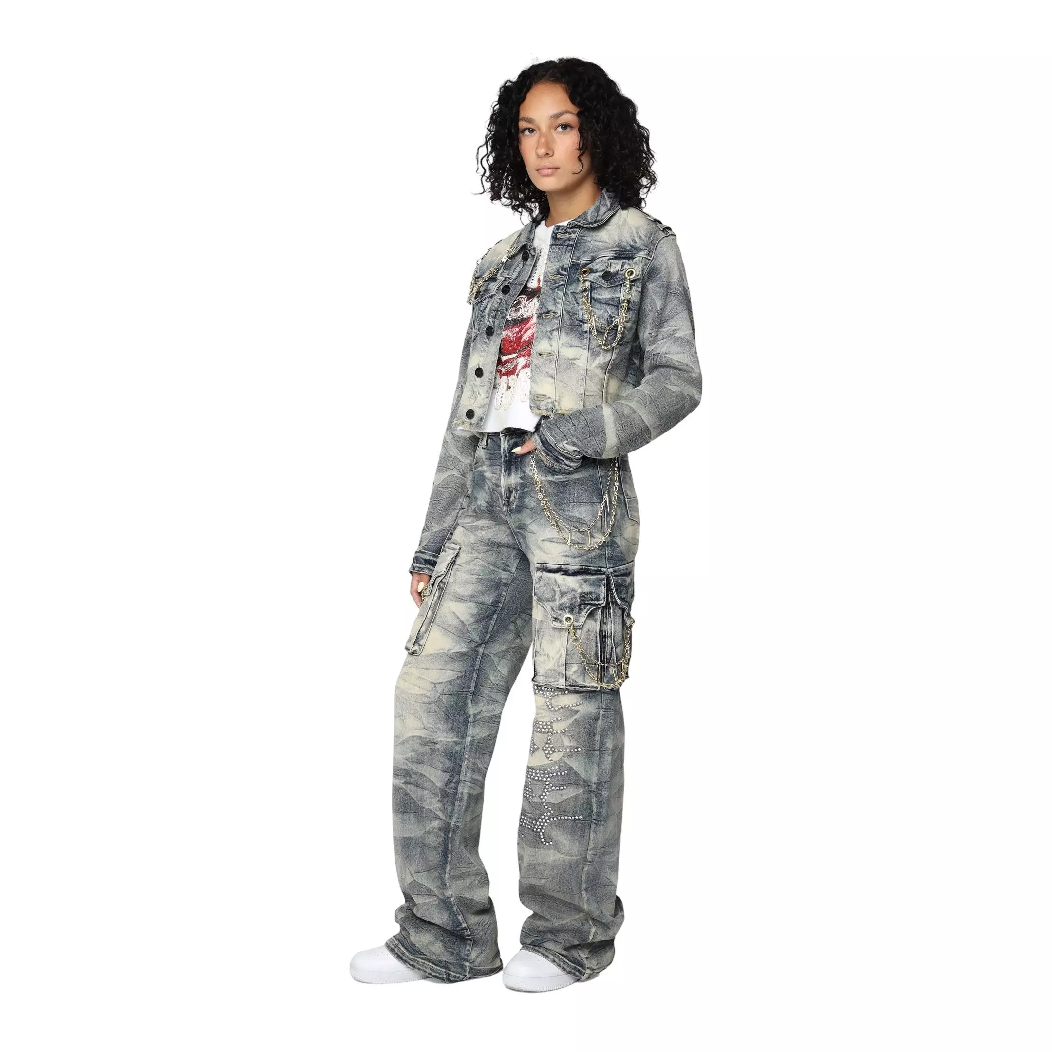 Smoke Rise Women's High Rise Wide Leg Chain Denim Pants - DENIM