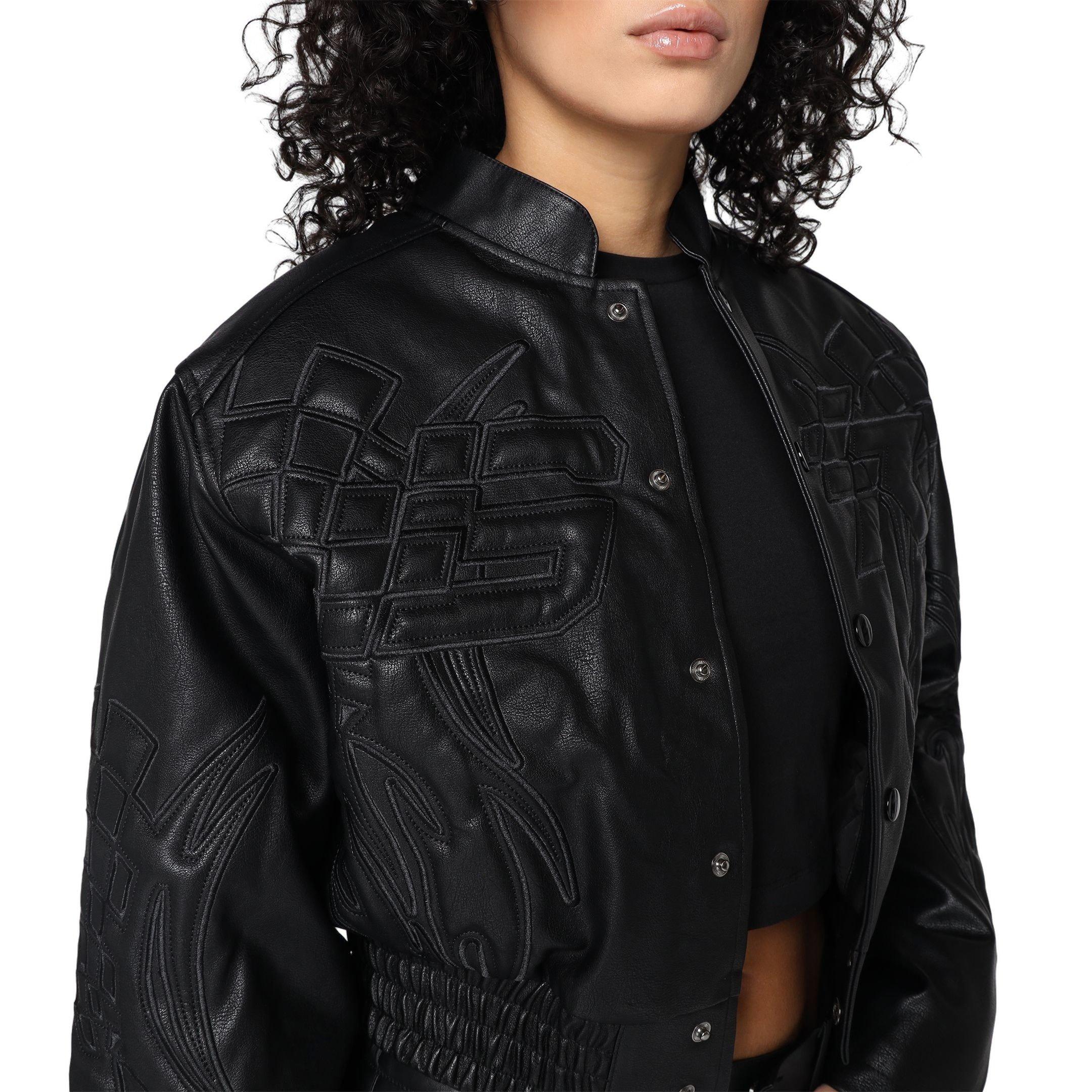 Smoke Rise Women's PU Crop Racing Jacket - Black - BLACK Thumbnail View 3