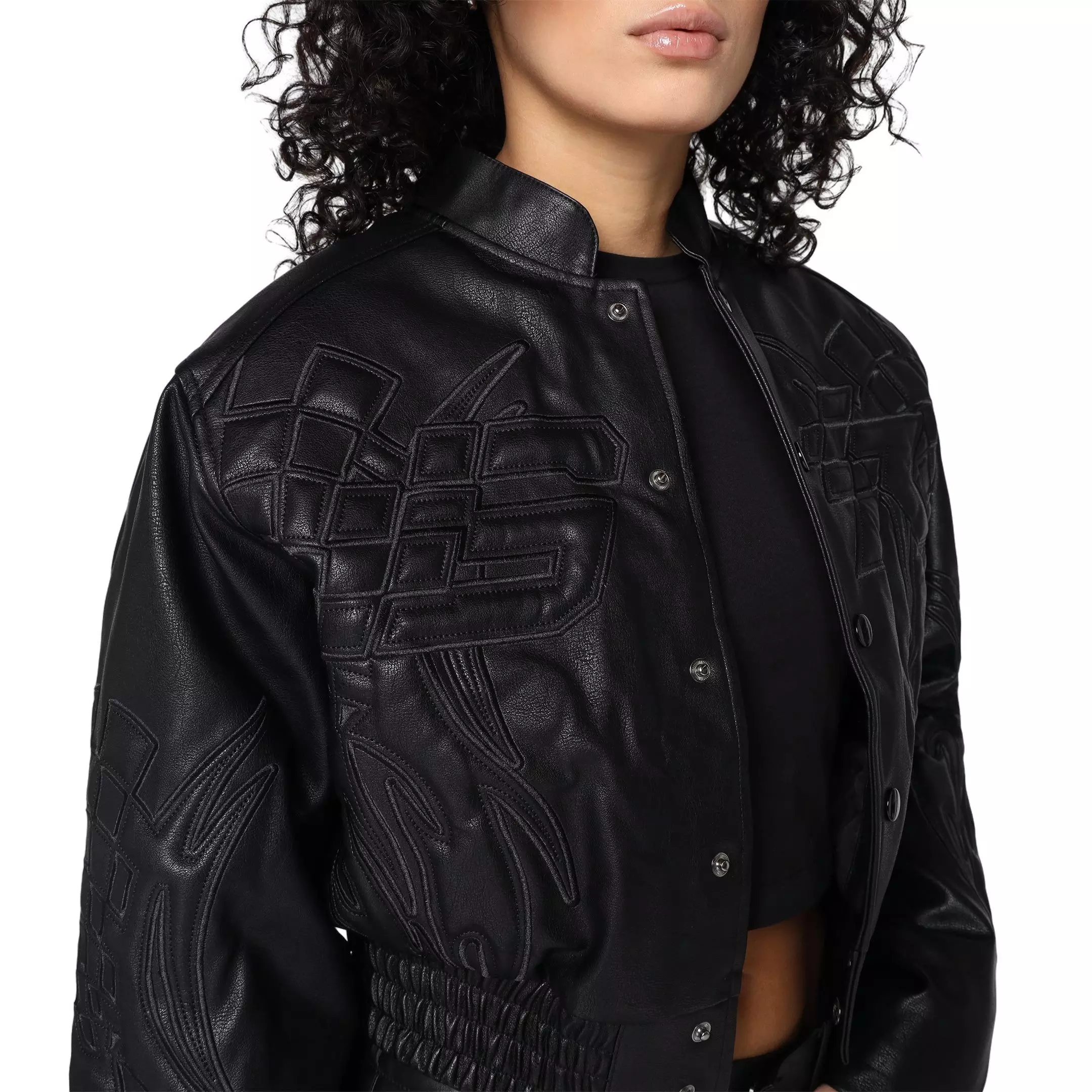 Smoke Rise Women's PU Crop Racing Jacket - Black - BLACK