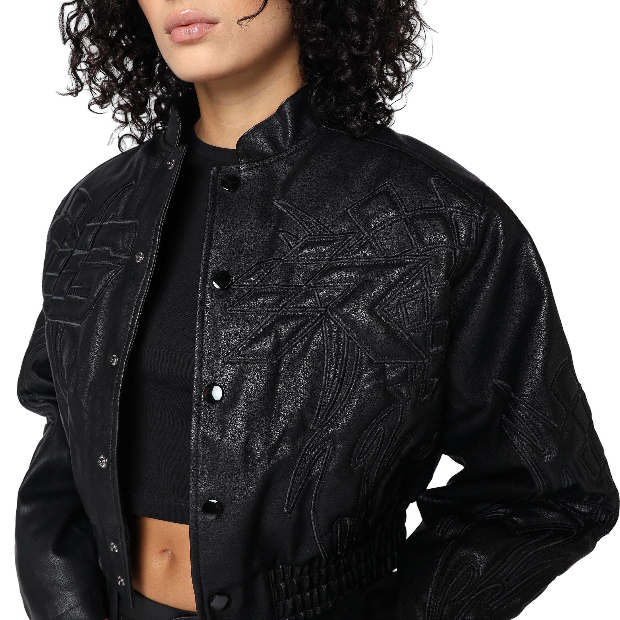 Smoke Rise Women's PU Crop Racing Jacket - Black - BLACK Thumbnail View 4