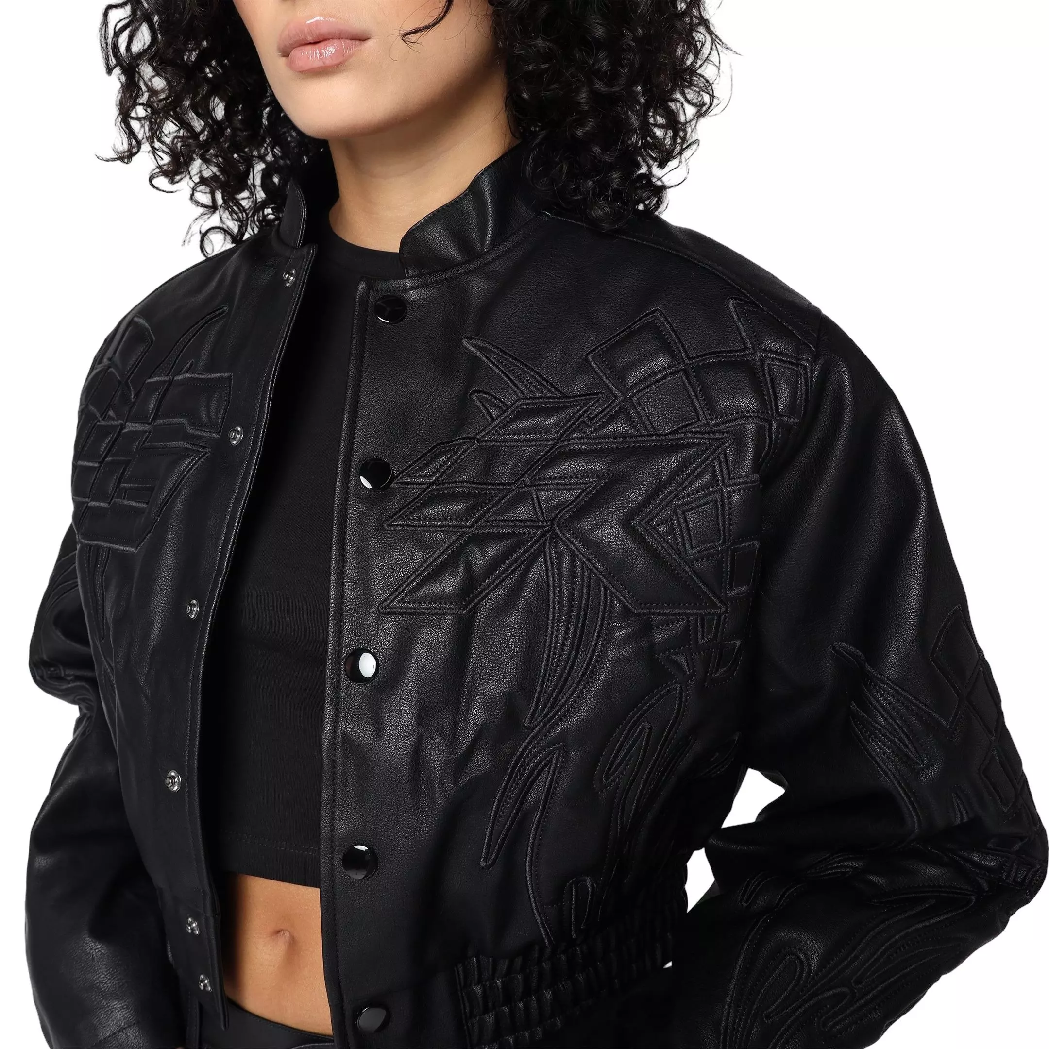 Smoke Rise Women's PU Crop Racing Jacket - Black - BLACK