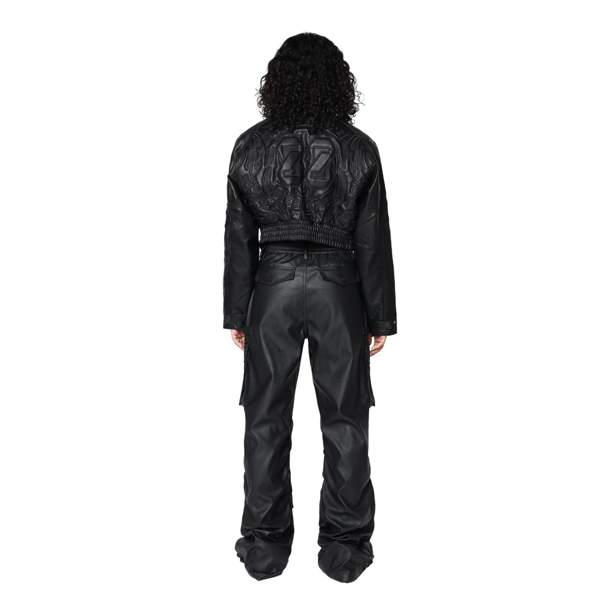 Smoke Rise Women's PU Crop Racing Jacket - Black - BLACK Thumbnail View 6