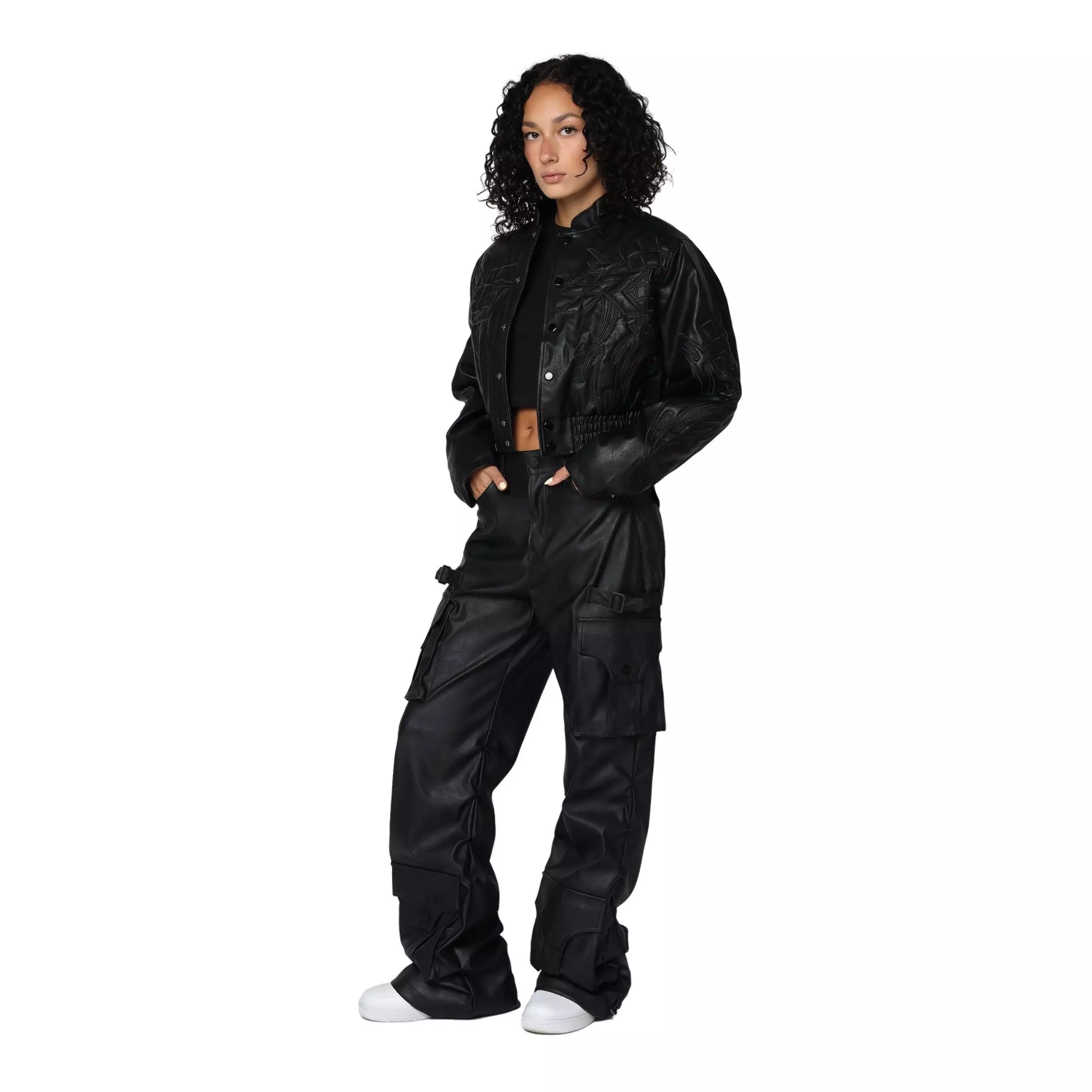 Smoke Rise Women's PU Wideleg Pants - Black - BLACK