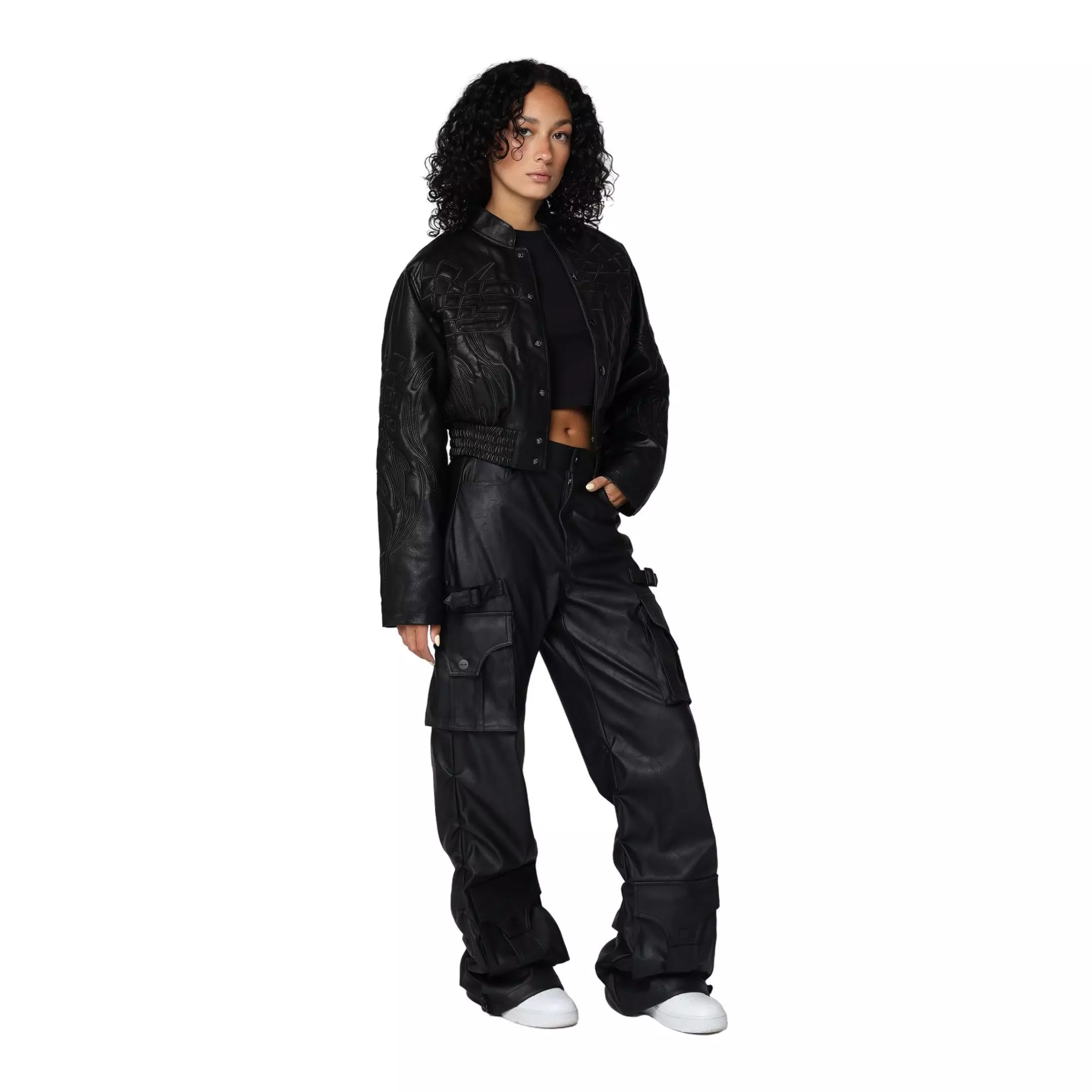 Smoke Rise Women's PU Wideleg Pants - Black - BLACK