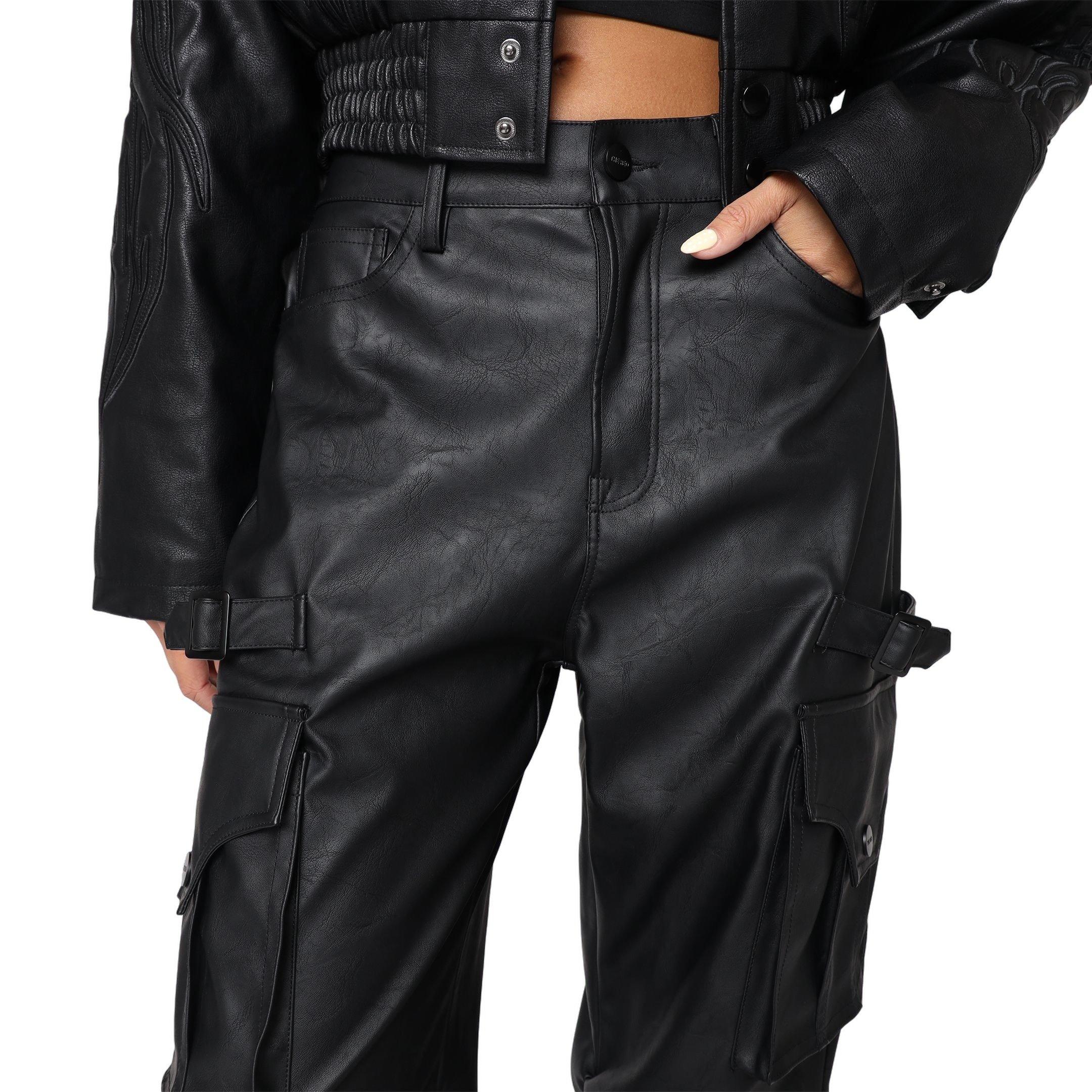 Smoke Rise Women's PU Wideleg Pants - Black - BLACK Thumbnail View 3