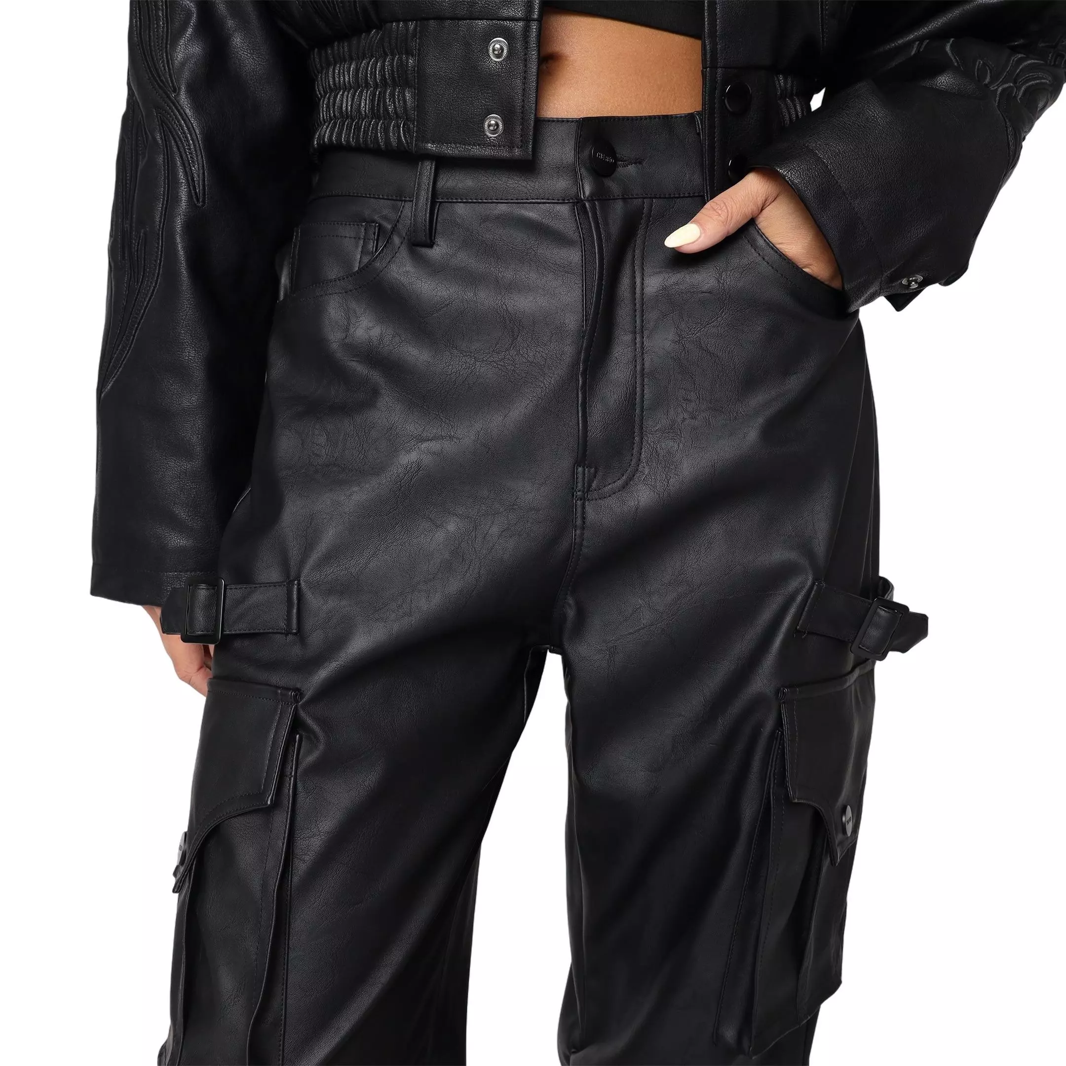 Smoke Rise Women's PU Wideleg Pants - Black - BLACK