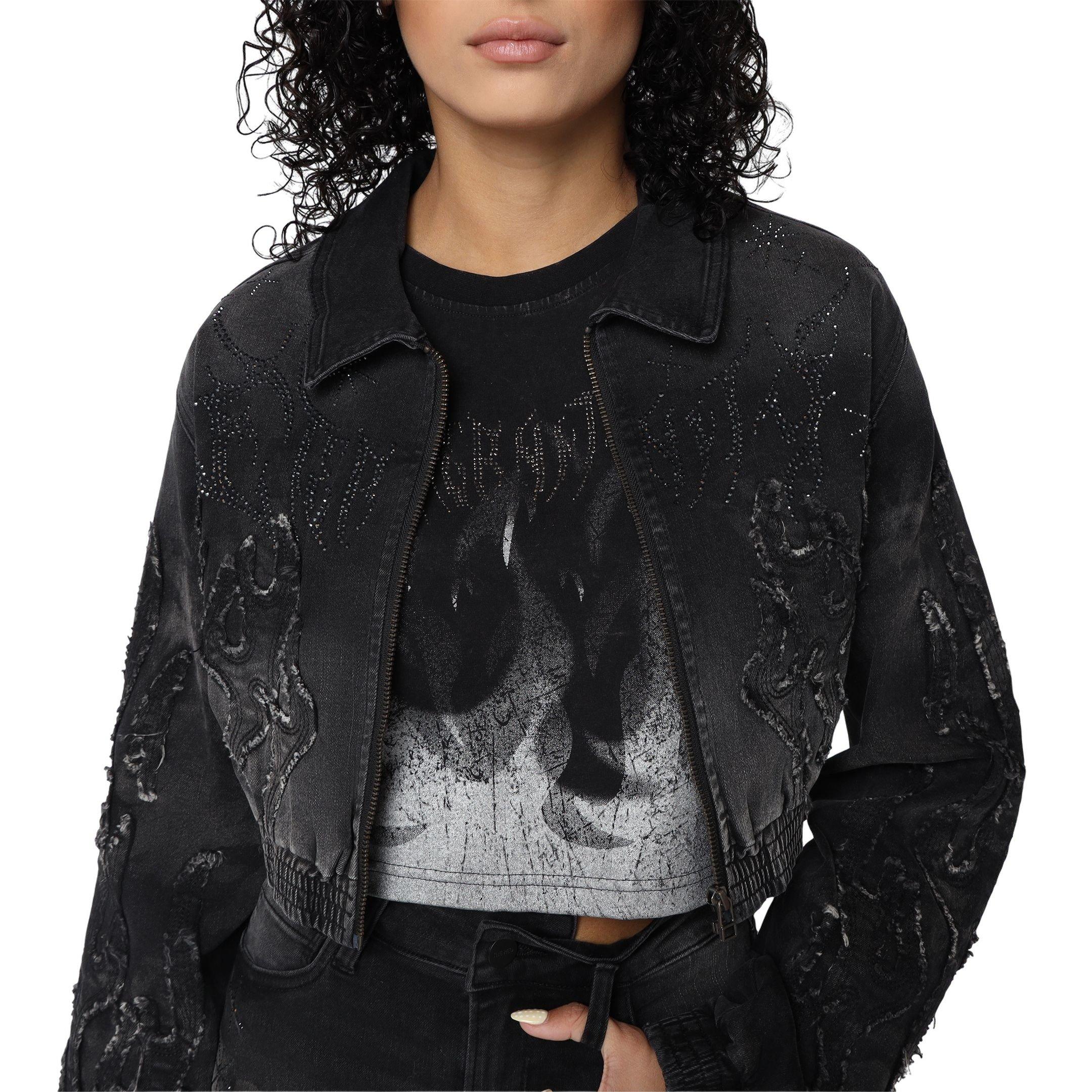 Smoke Rise Women's Flame Denim Bomber - Black - BLACK Thumbnail View 1