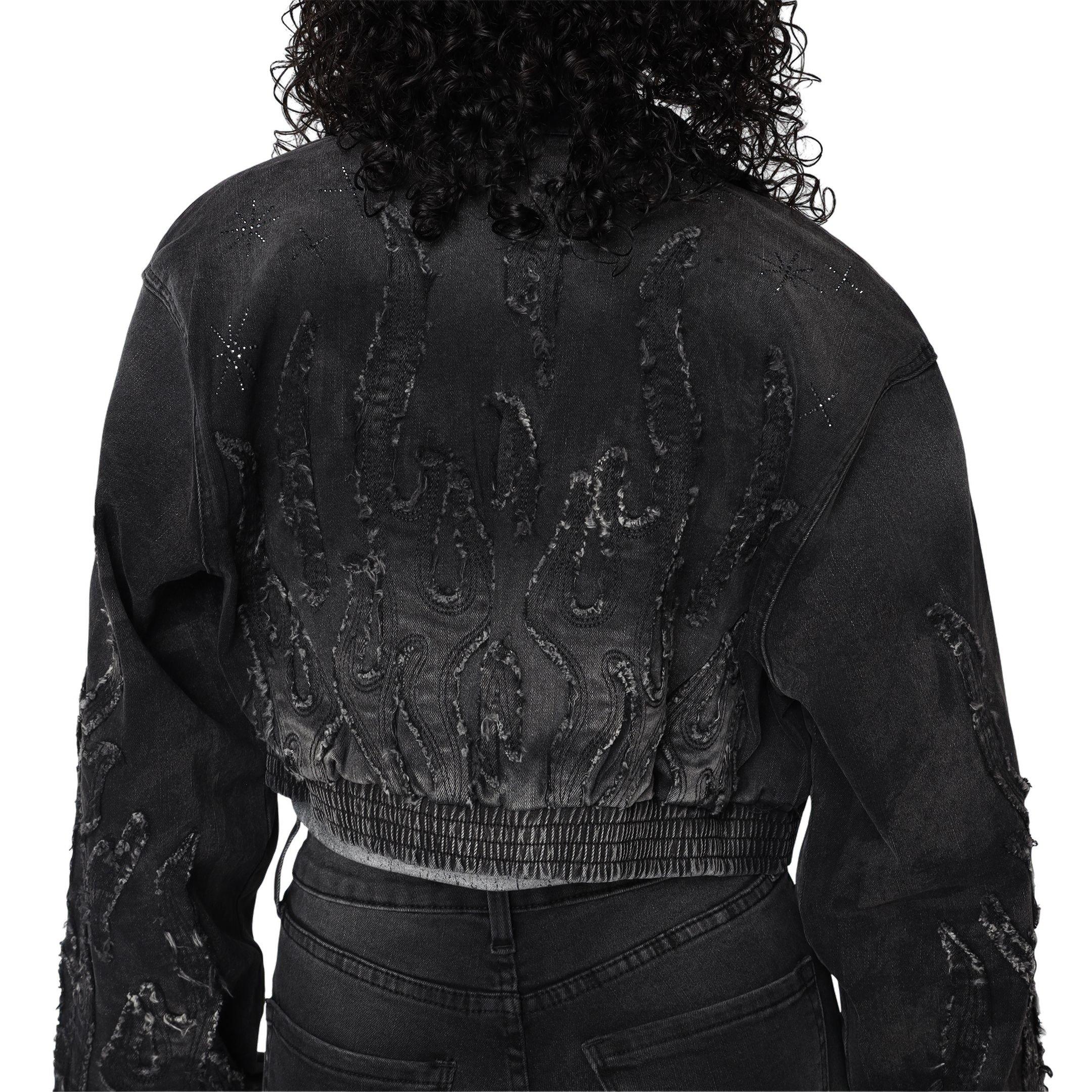 Smoke Rise Women's Flame Denim Bomber - Black - BLACK Thumbnail View 2