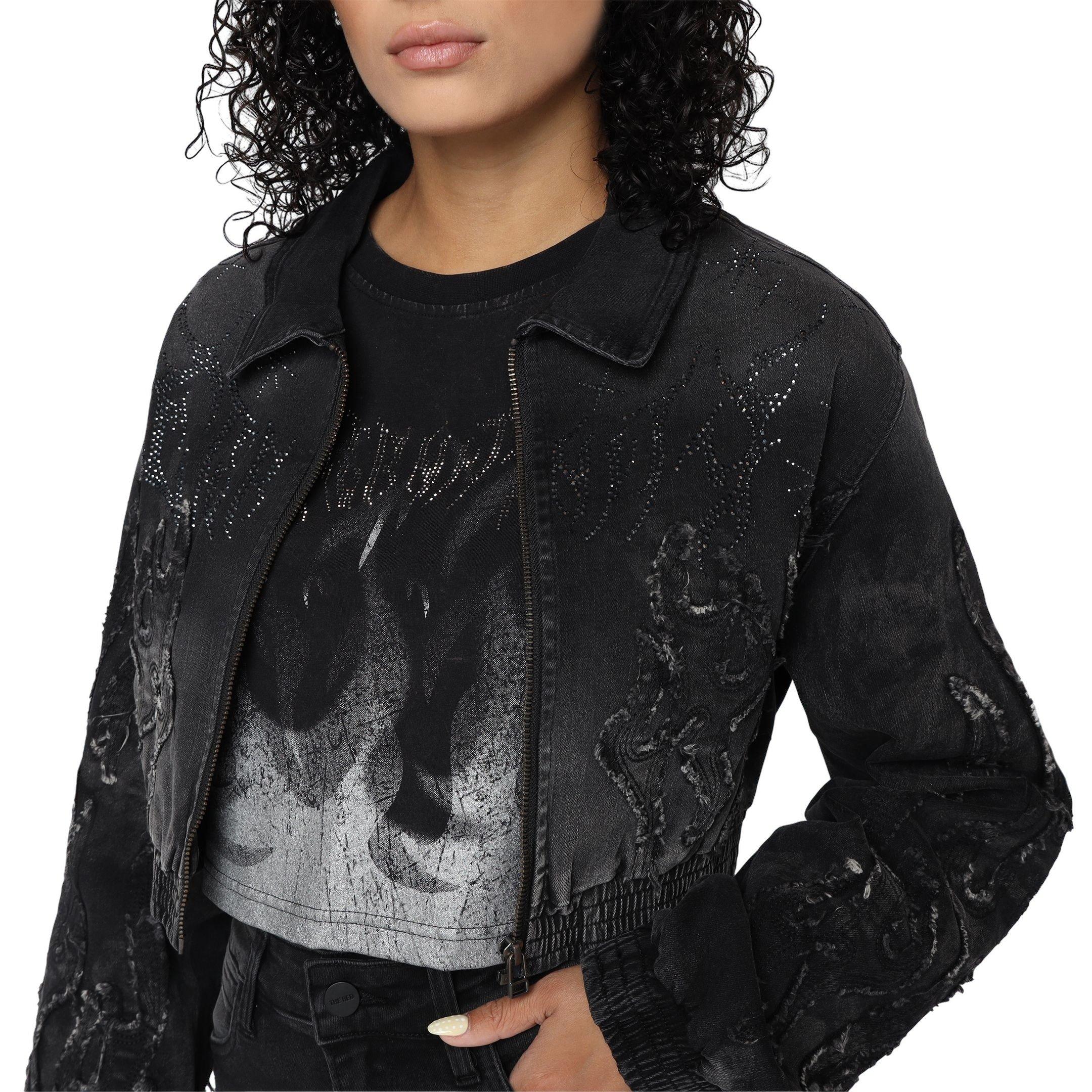 Smoke Rise Women's Flame Denim Bomber - Black - BLACK Thumbnail View 3