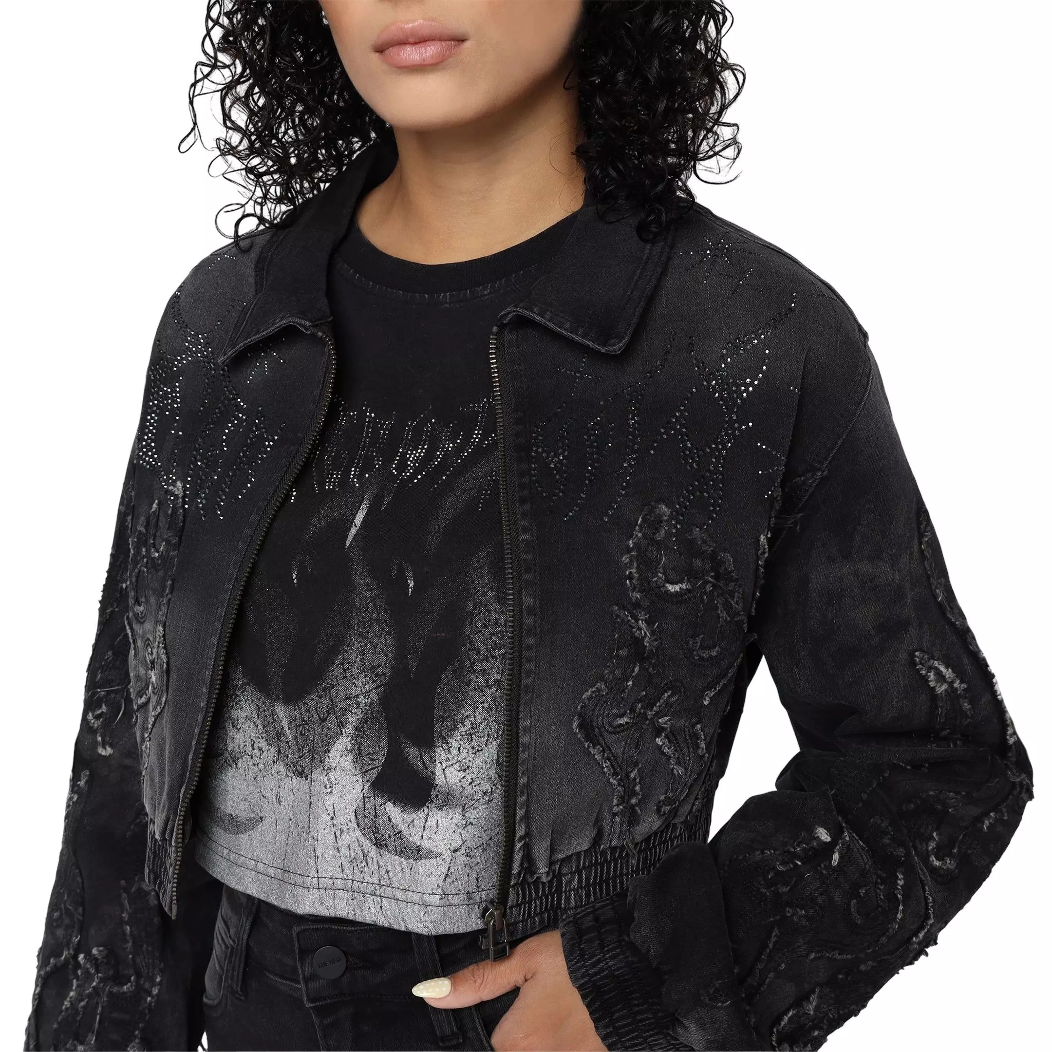 Smoke Rise Women's Flame Denim Bomber - Black - BLACK