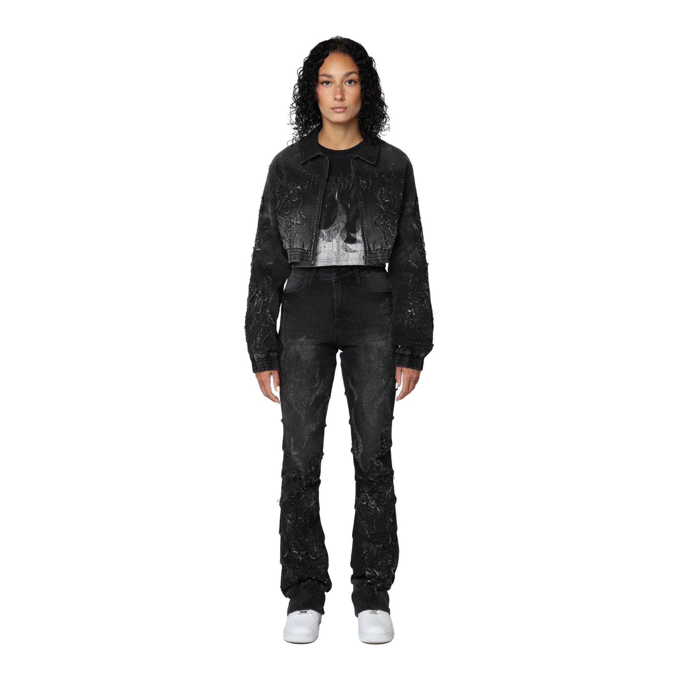 Smoke Rise Women's Flame Denim Bomber - Black - BLACK Thumbnail View 4