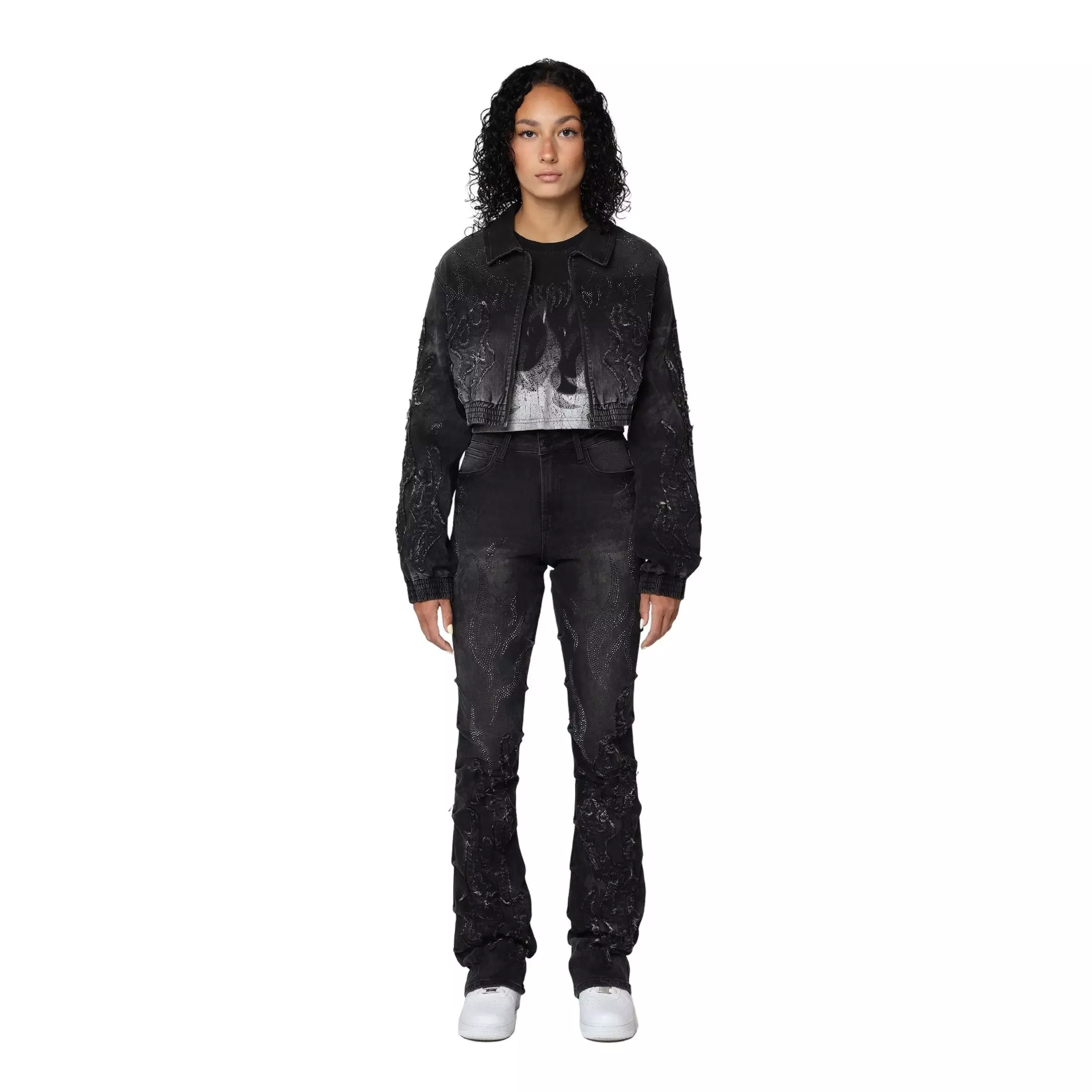 Smoke Rise Women's Flame Denim Bomber - Black - BLACK