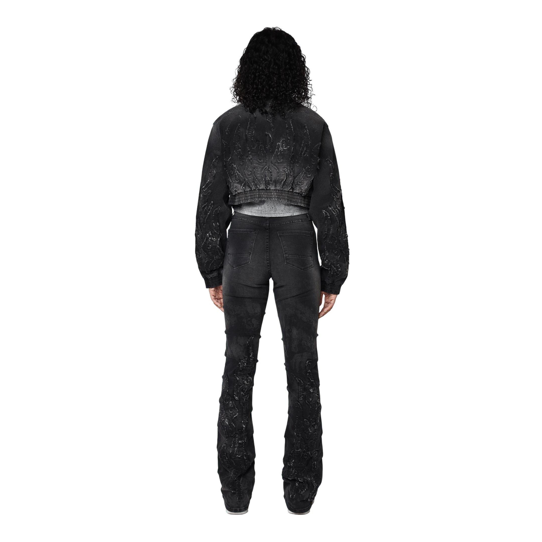 Smoke Rise Women's Flame Denim Bomber - Black - BLACK Thumbnail View 5