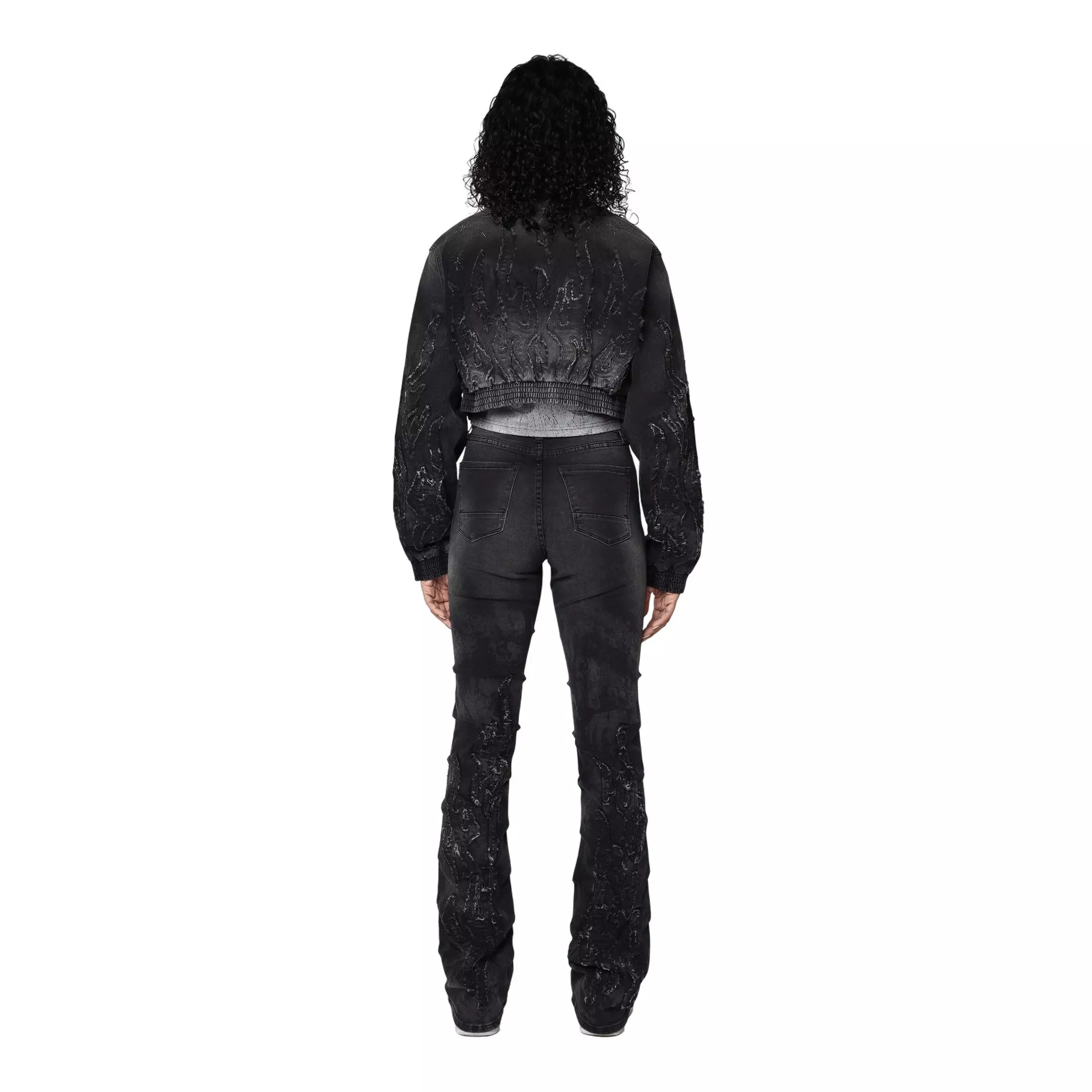 Smoke Rise Women's Flame Denim Bomber - Black - BLACK