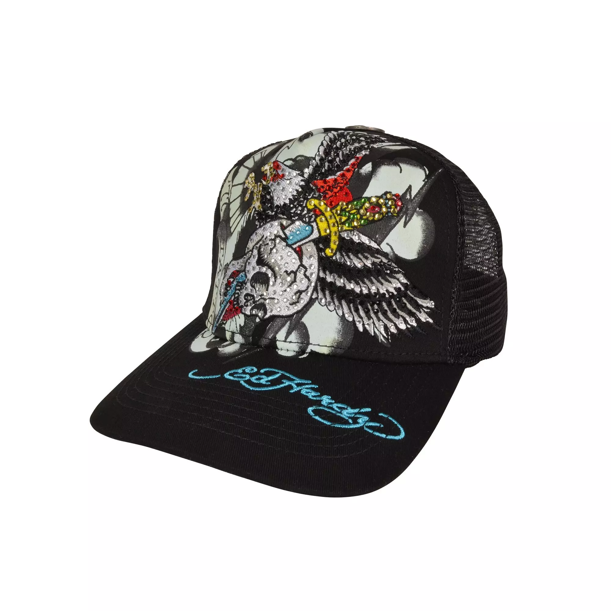 Ed Hardy Rhinestone 77 Eagle Snapback Hat-Black - BLACK