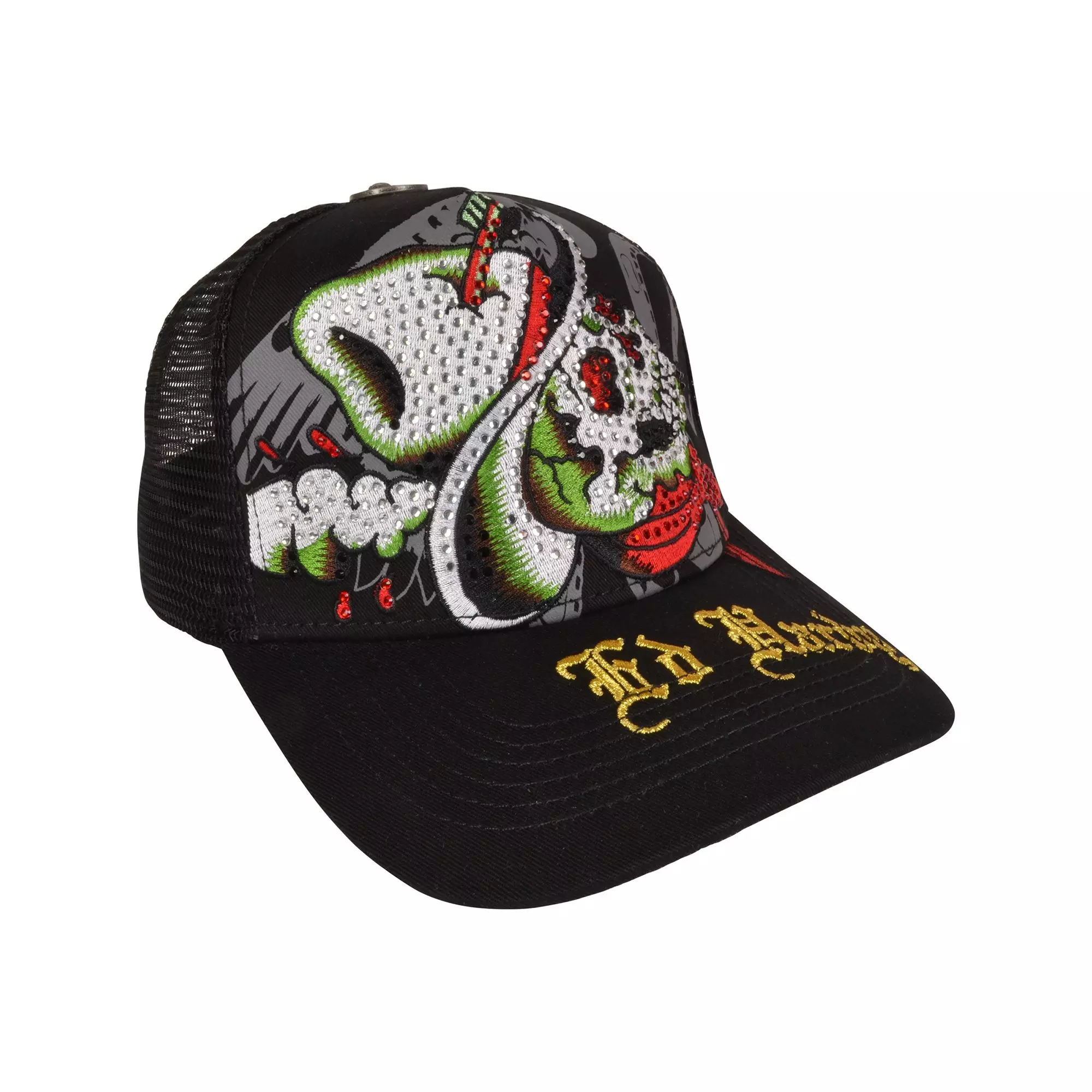 Ed Hardy Rhinestone Cowboy Skull Snapback Hat-Black - BLACK