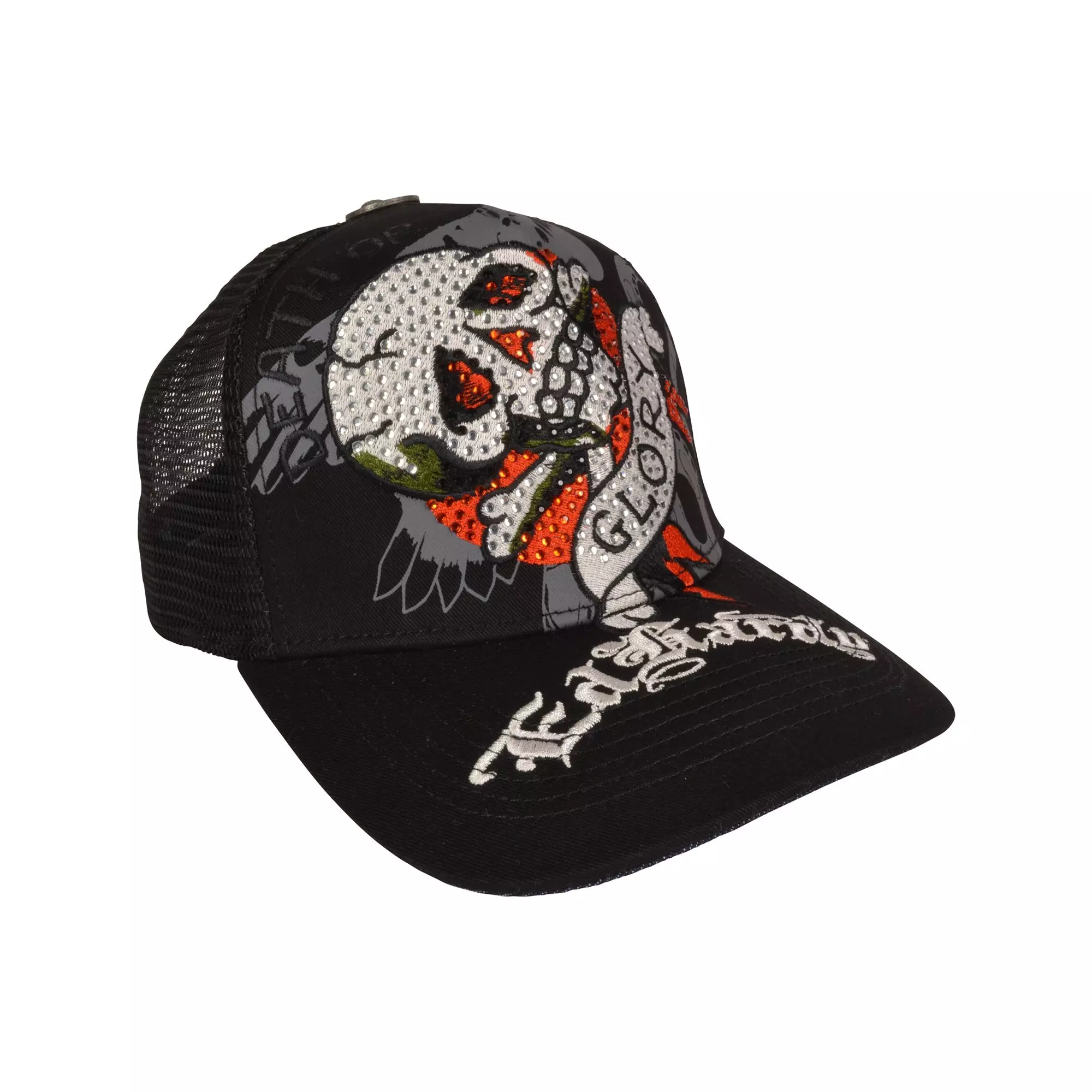 Ed Hardy Rhinestone DG Skull Snapback Hat-Black - BLACK