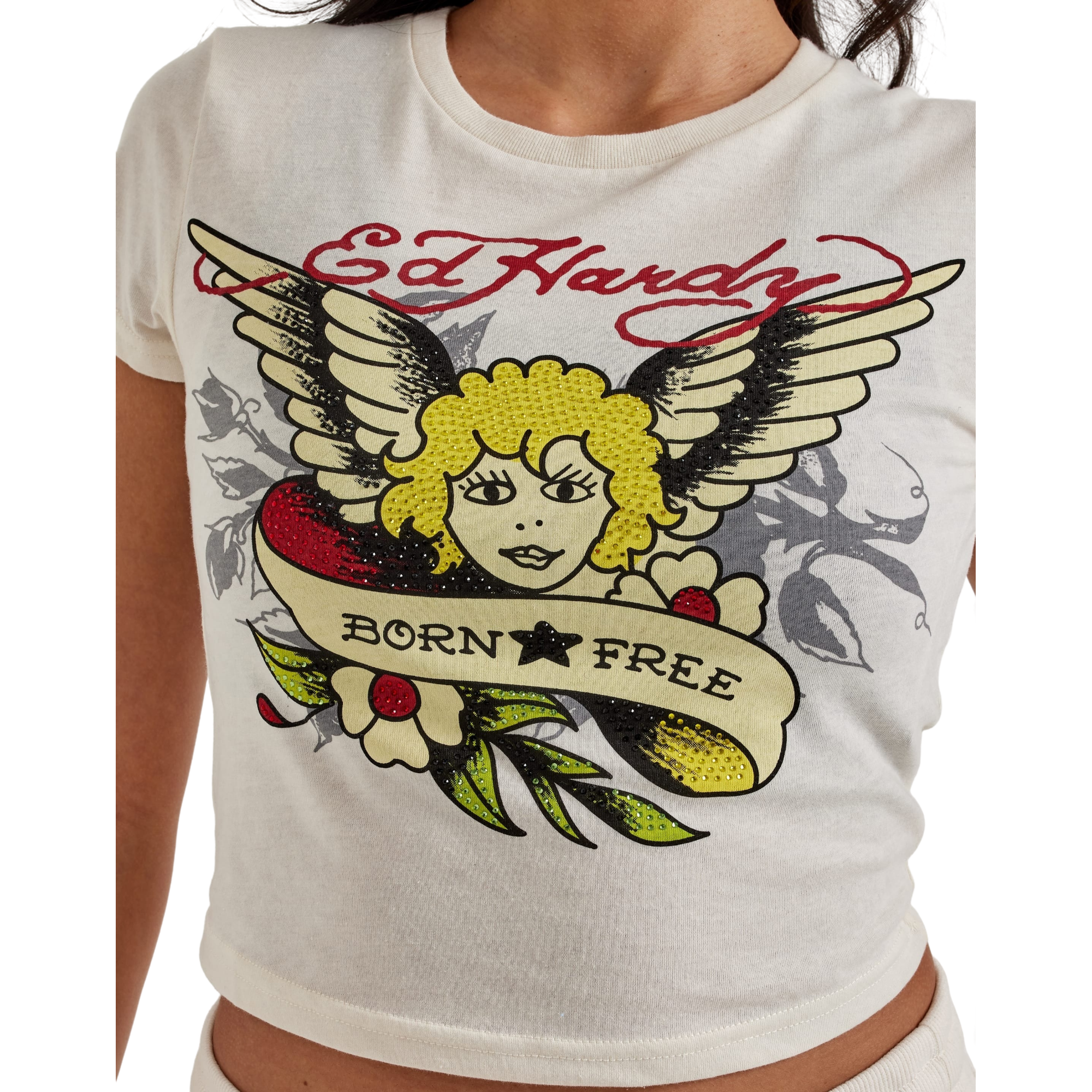 Ed Hardy Women's Rhinestone Cherub Baby Tee - IVORY Thumbnail View 3