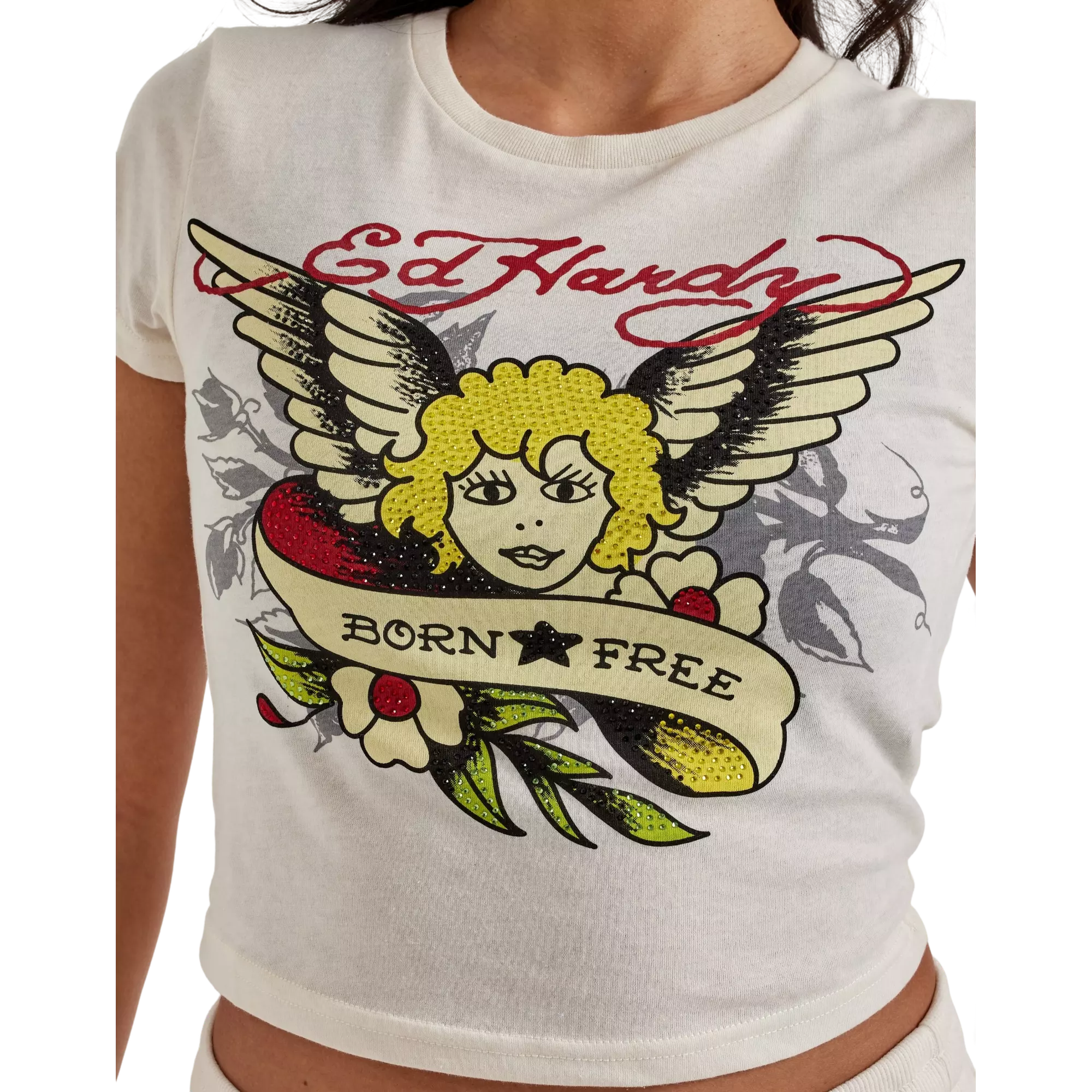 Ed Hardy Women's Rhinestone Cherub Baby Tee - IVORY