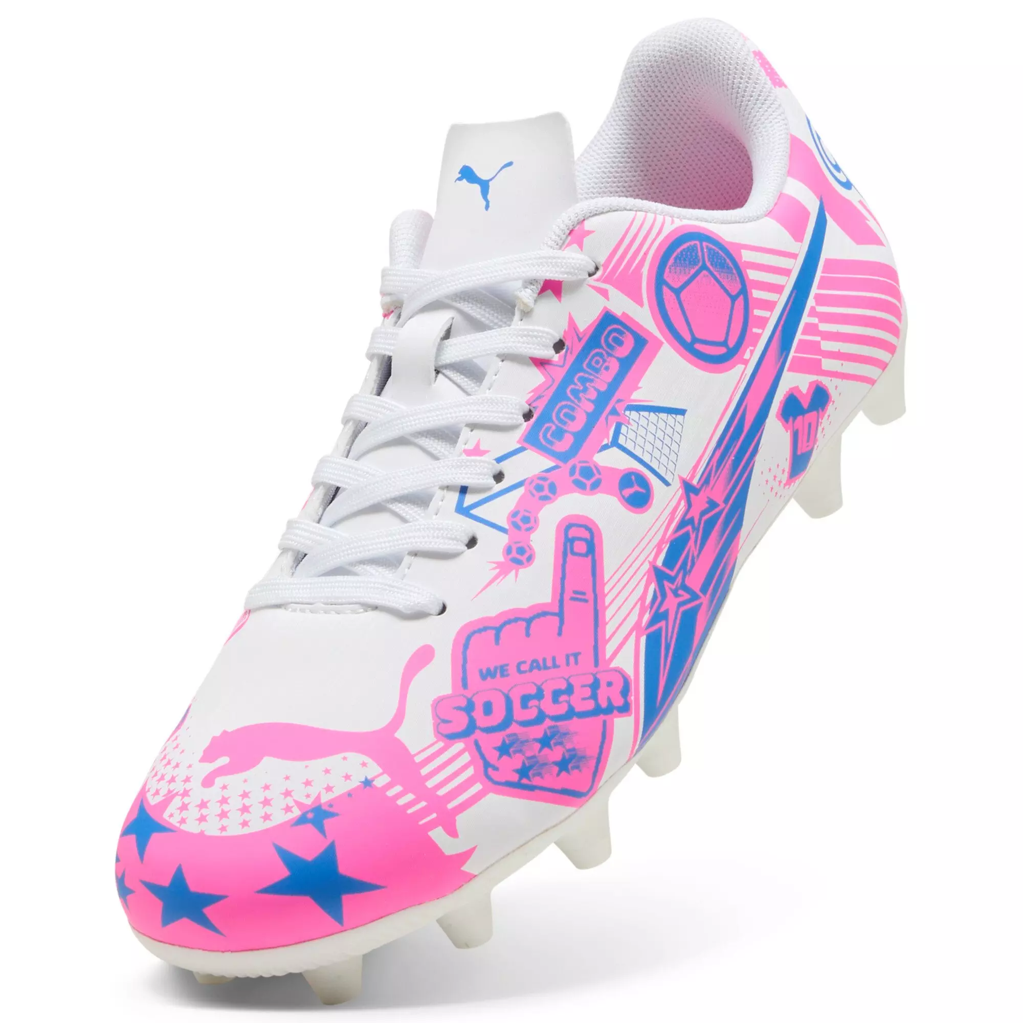 PUMA Ultra Christian Pulisic Legacy "White/Poison Pink/Ultra Blue" Preschool Kids' Soccer Cleat - WHITE/PINK/BLUE