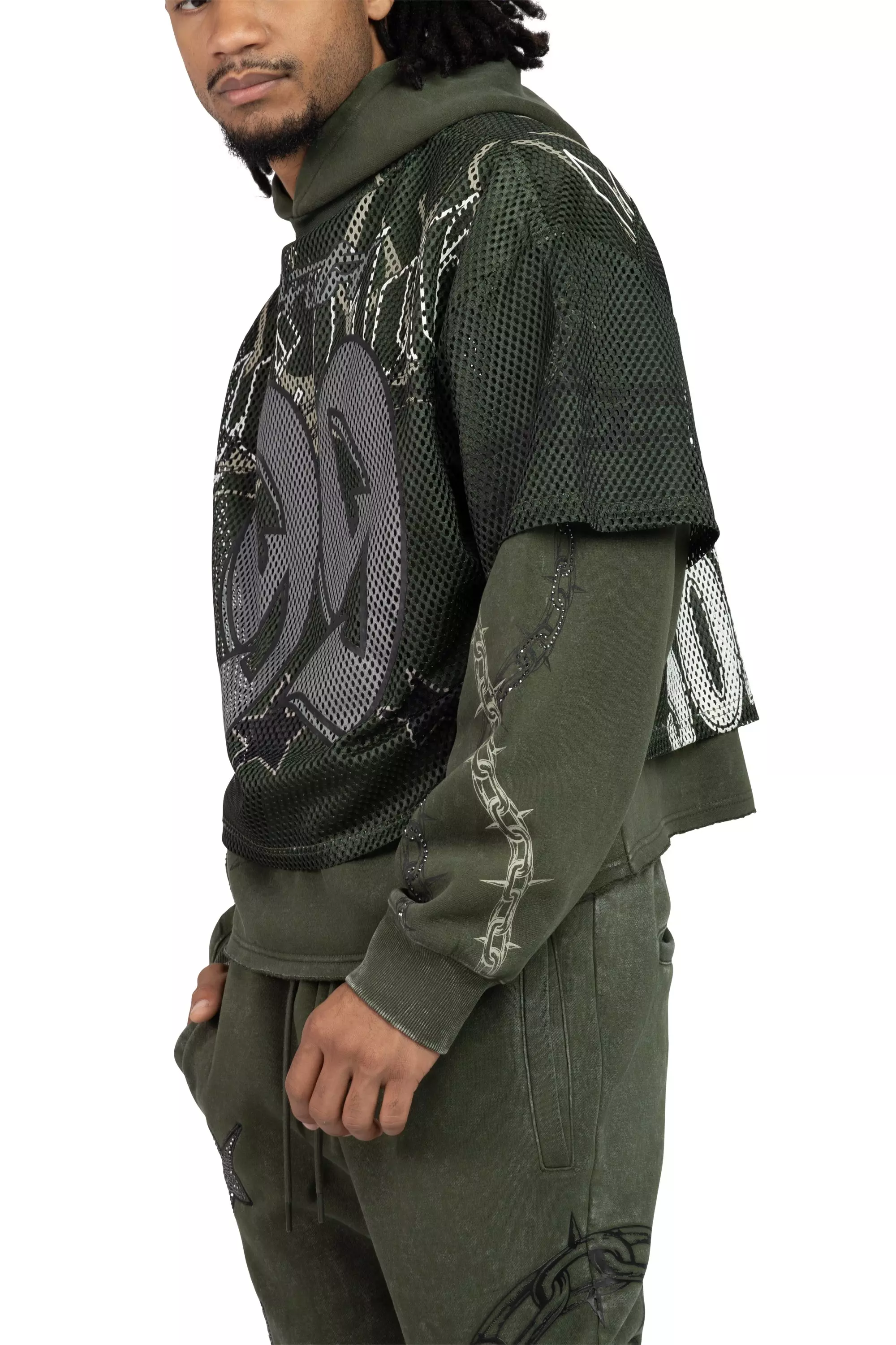 Smoke Rise Men's Luxe Club Fleece Mesh 2fer Hoodie - Moss - GREEN