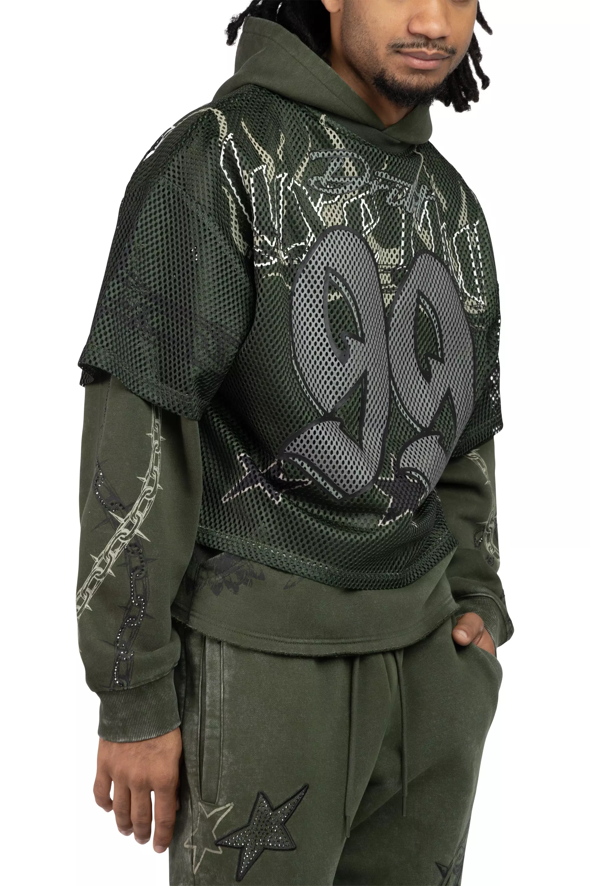 Smoke Rise Men's Luxe Club Fleece Mesh 2fer Hoodie - Moss - GREEN