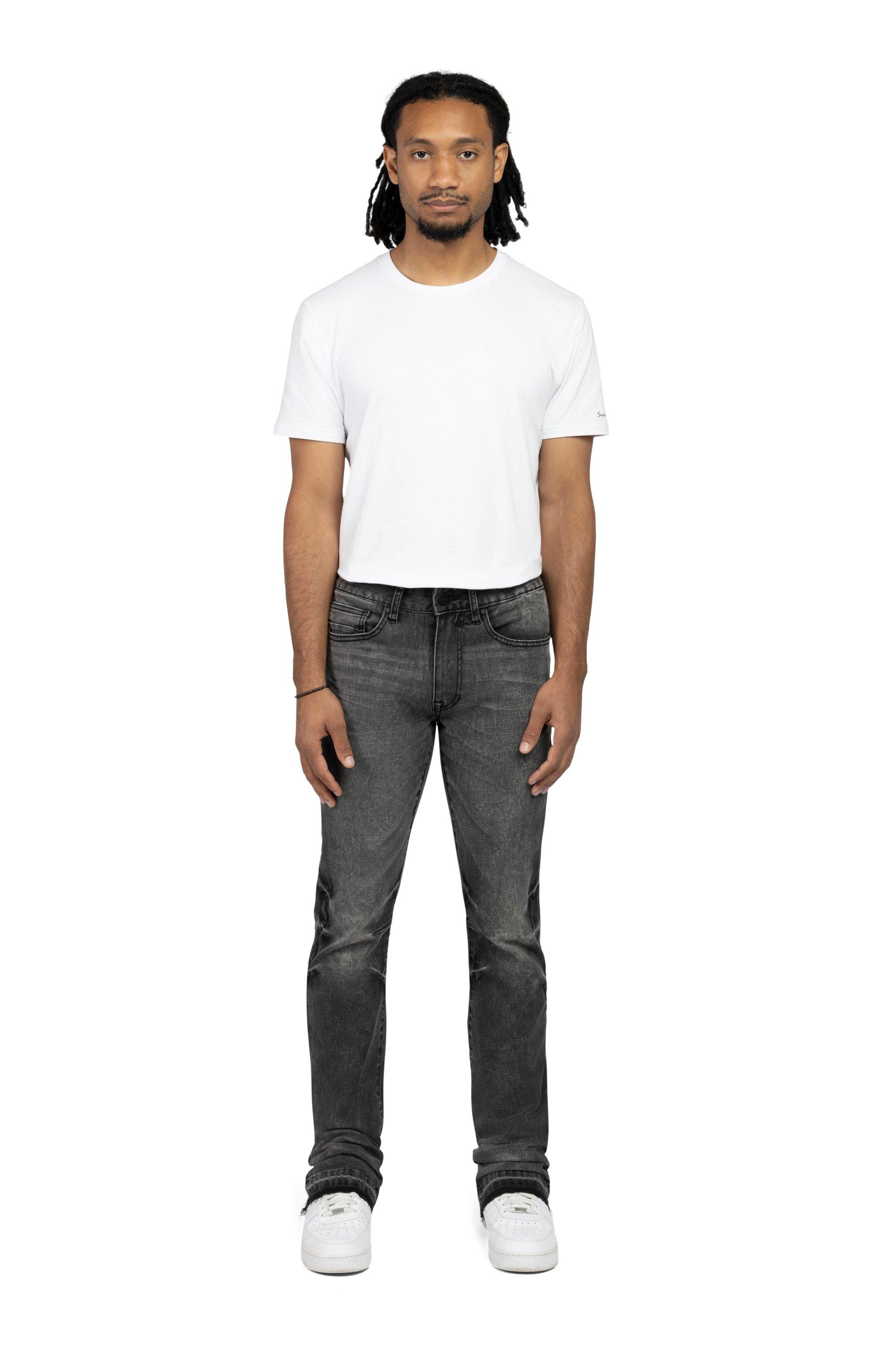 Smoke Rise Men's Lazy Stacked Flare Vintage Wash Denim Jeans - Argon Black - BLACK Thumbnail View 1