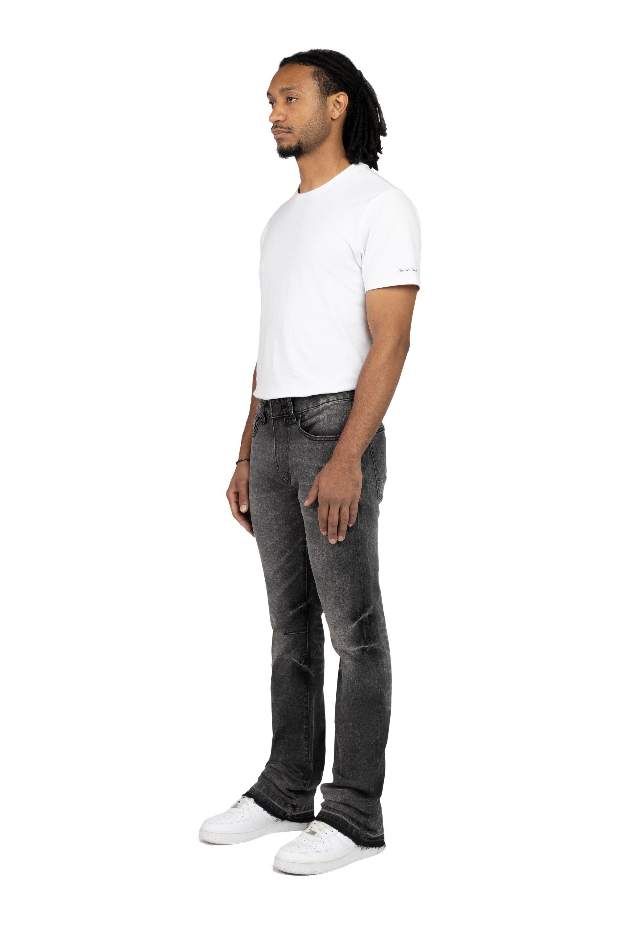 Smoke Rise Men's Lazy Stacked Flare Vintage Wash Denim Jeans - Argon Black - BLACK Thumbnail View 3