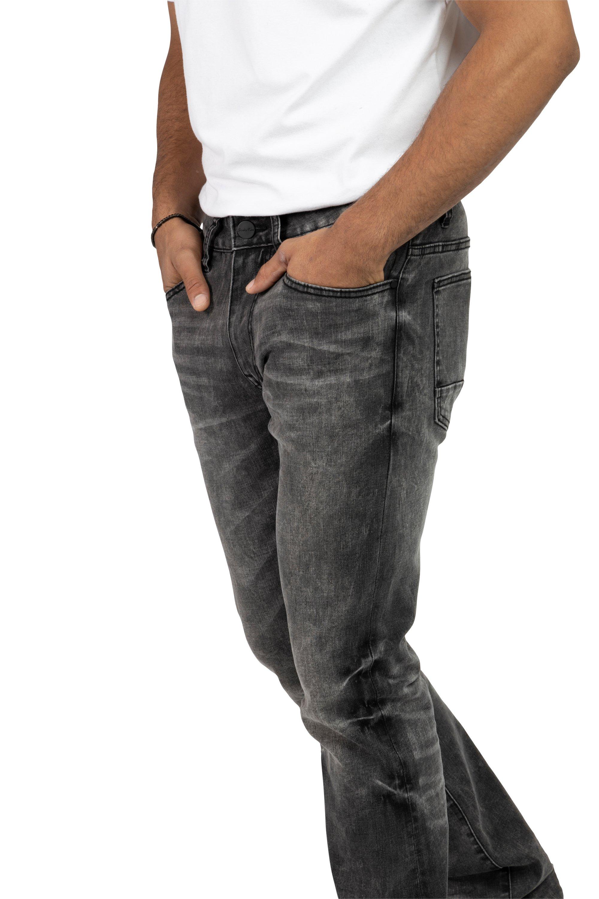 Smoke Rise Men's Lazy Stacked Flare Vintage Wash Denim Jeans - Argon Black - BLACK Thumbnail View 7