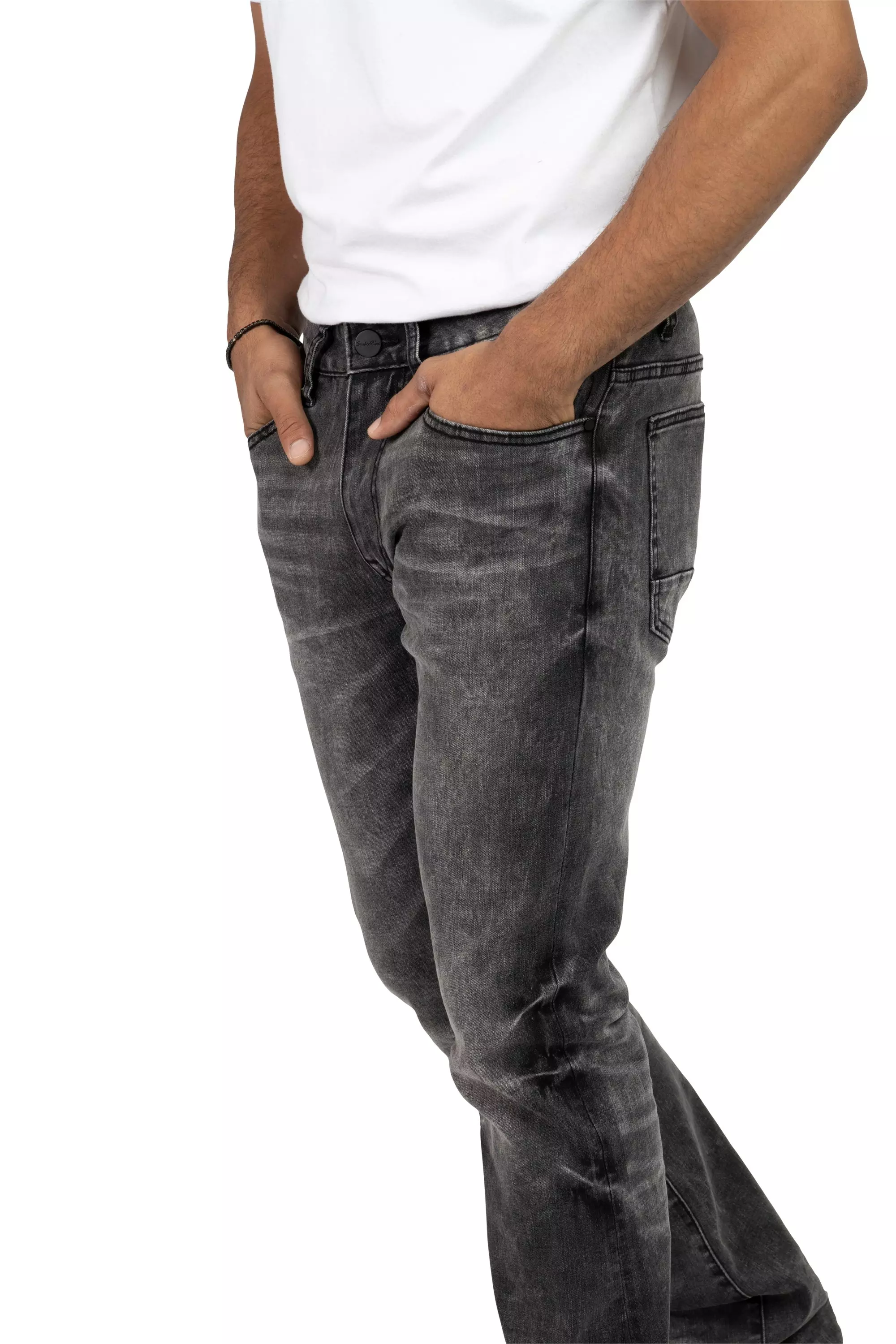 Smoke Rise Men's Lazy Stacked Flare Vintage Wash Denim Jeans - Argon Black - BLACK