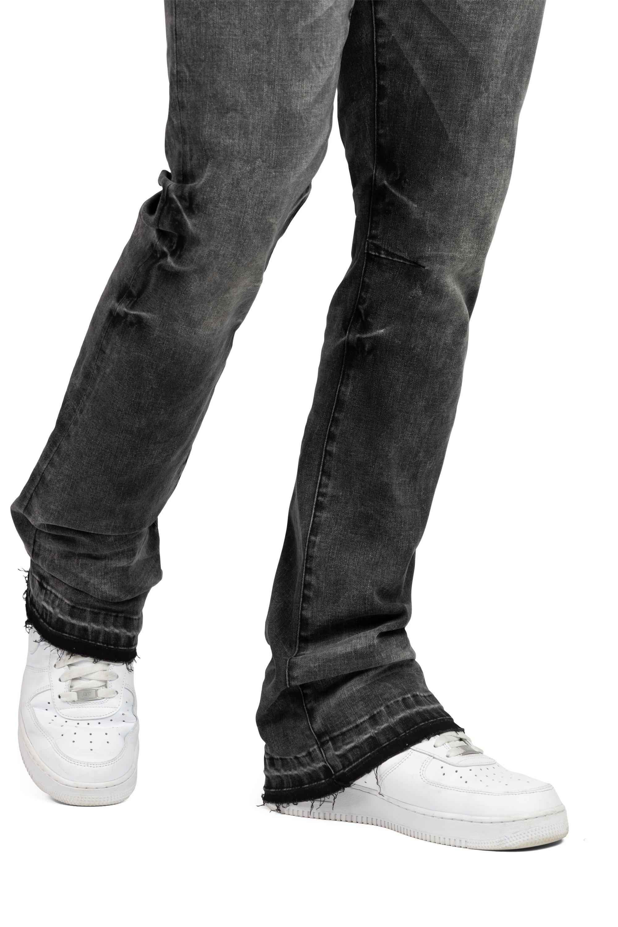 Smoke Rise Men's Lazy Stacked Flare Vintage Wash Denim Jeans - Argon Black - BLACK Thumbnail View 8