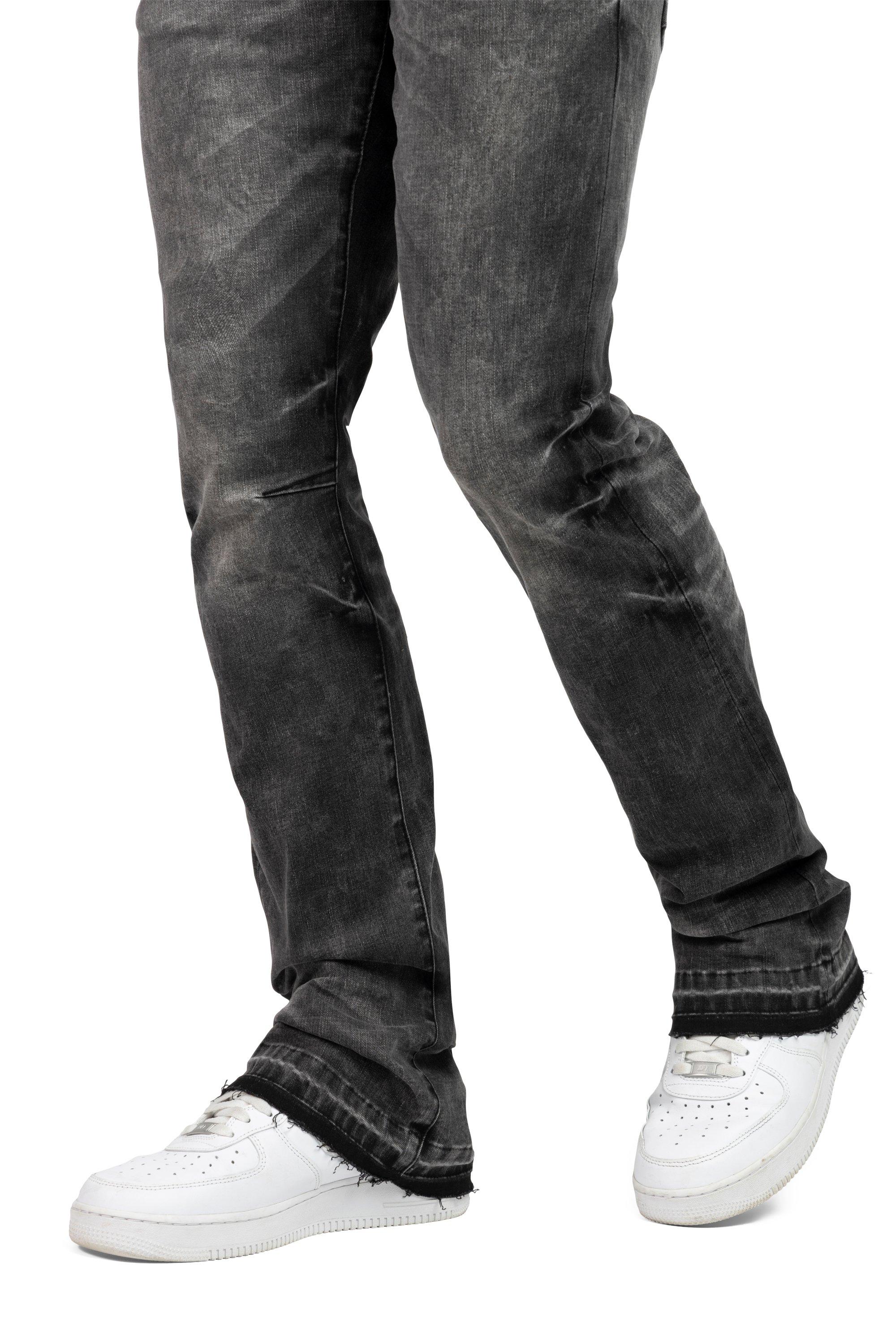 Smoke Rise Men's Lazy Stacked Flare Vintage Wash Denim Jeans - Argon Black - BLACK Thumbnail View 9