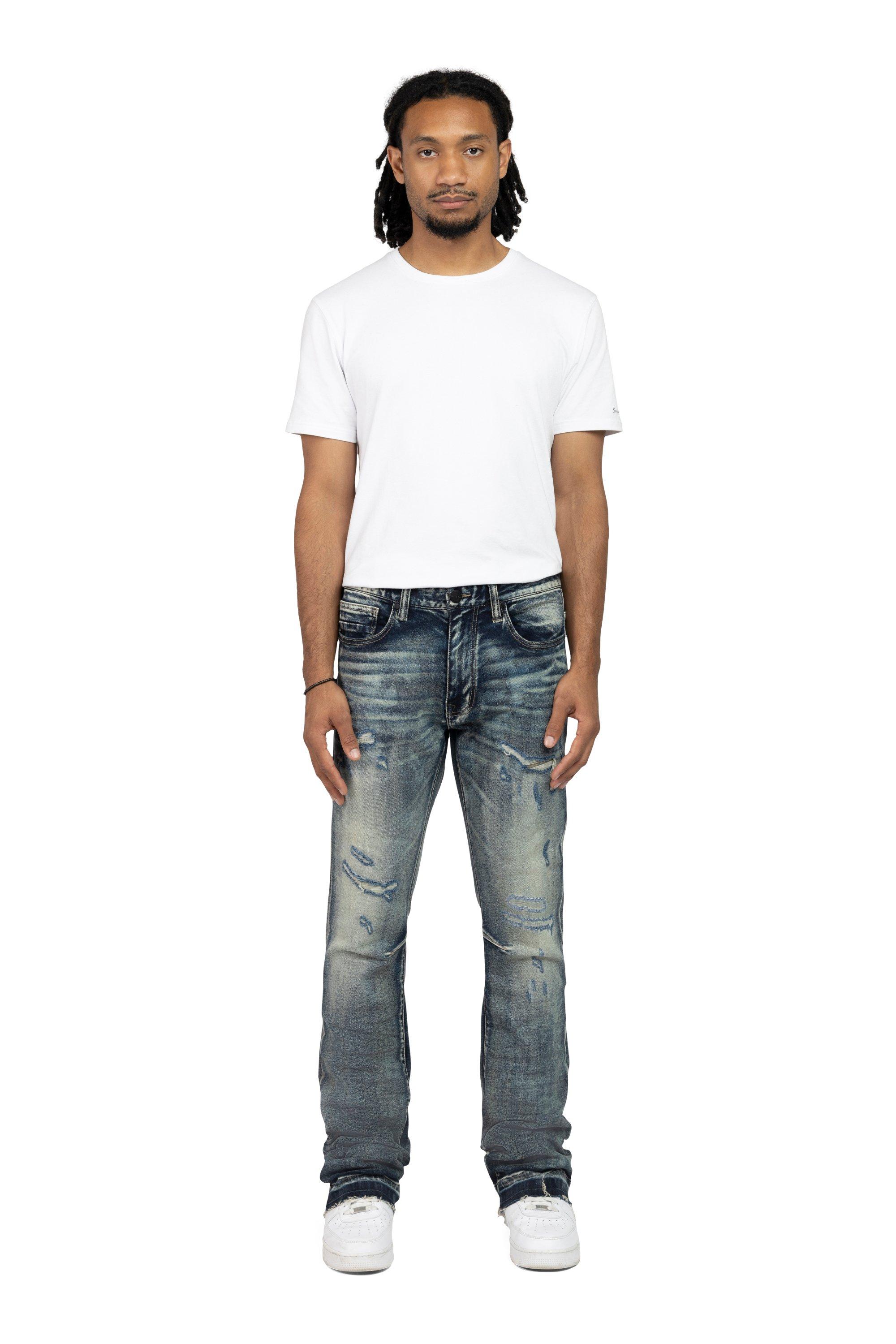 Smoke Rise Men's Lazy Stacked Flare Grunge Wash Denim Jeans - Frasco - BLUE Thumbnail View 1