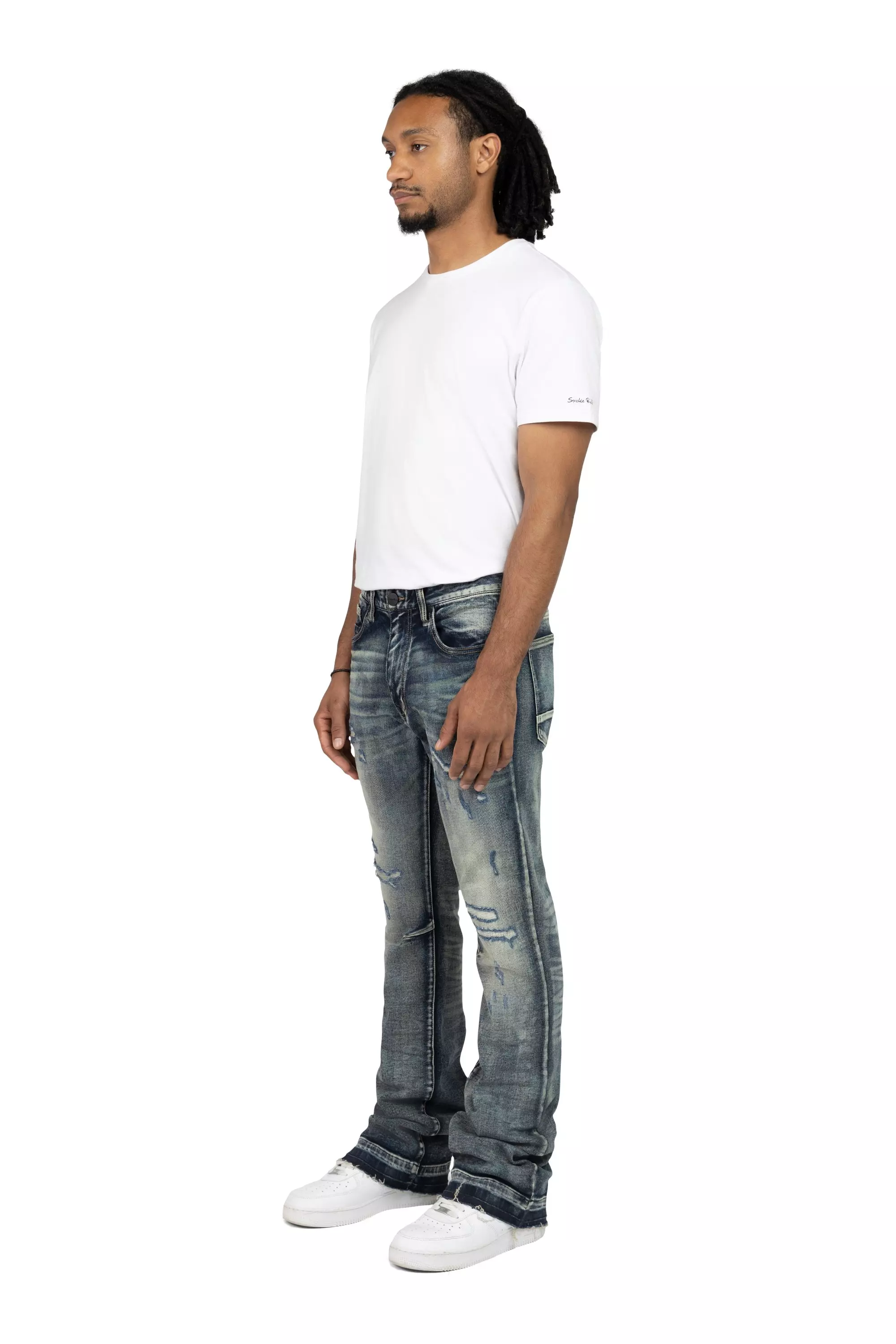 Smoke Rise Men's Lazy STK Flare Grunge Wash Denim Jeans - Frasco - BLUE