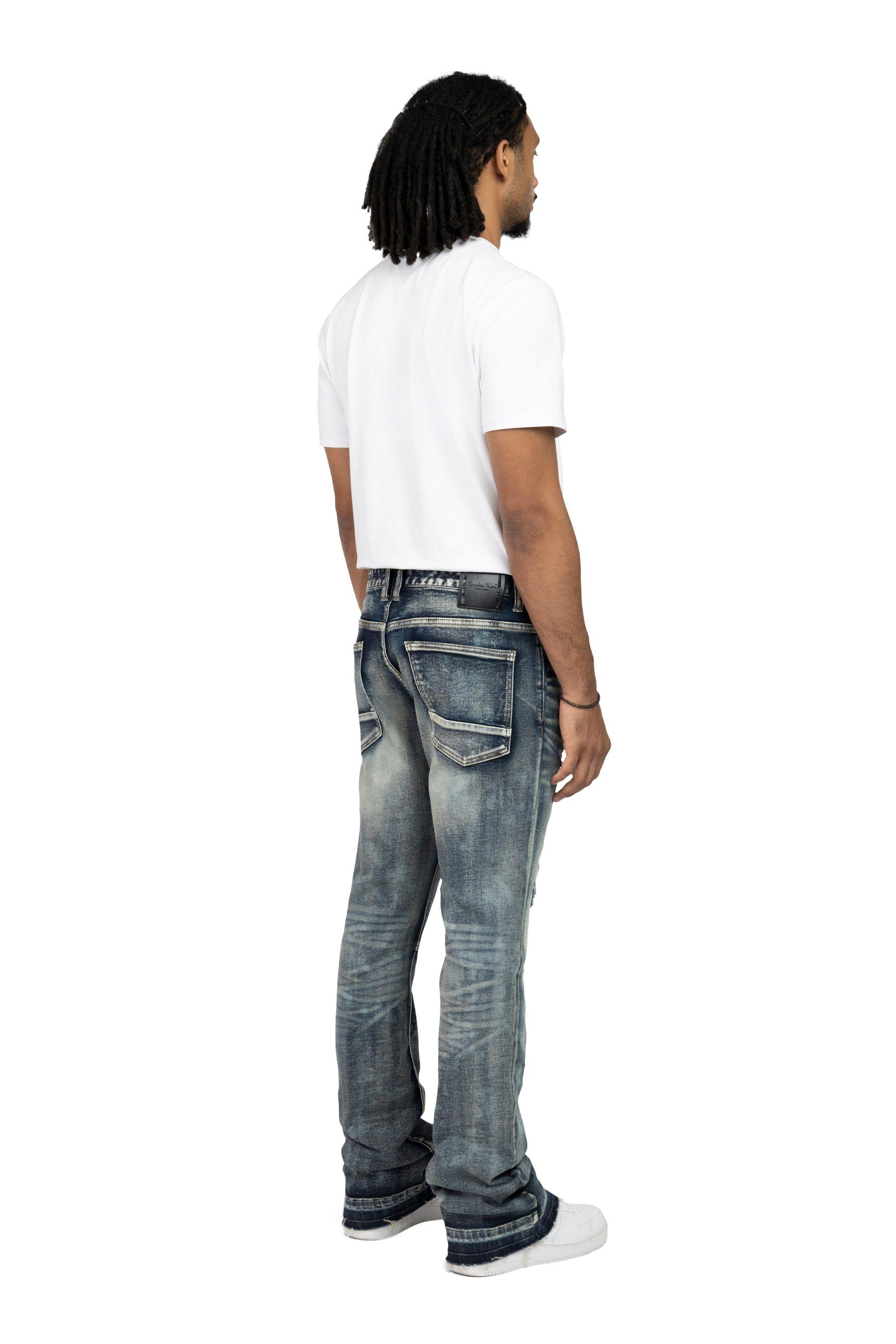 Smoke Rise Men's Lazy Stacked Flare Grunge Wash Denim Jeans - Frasco - BLUE Thumbnail View 4