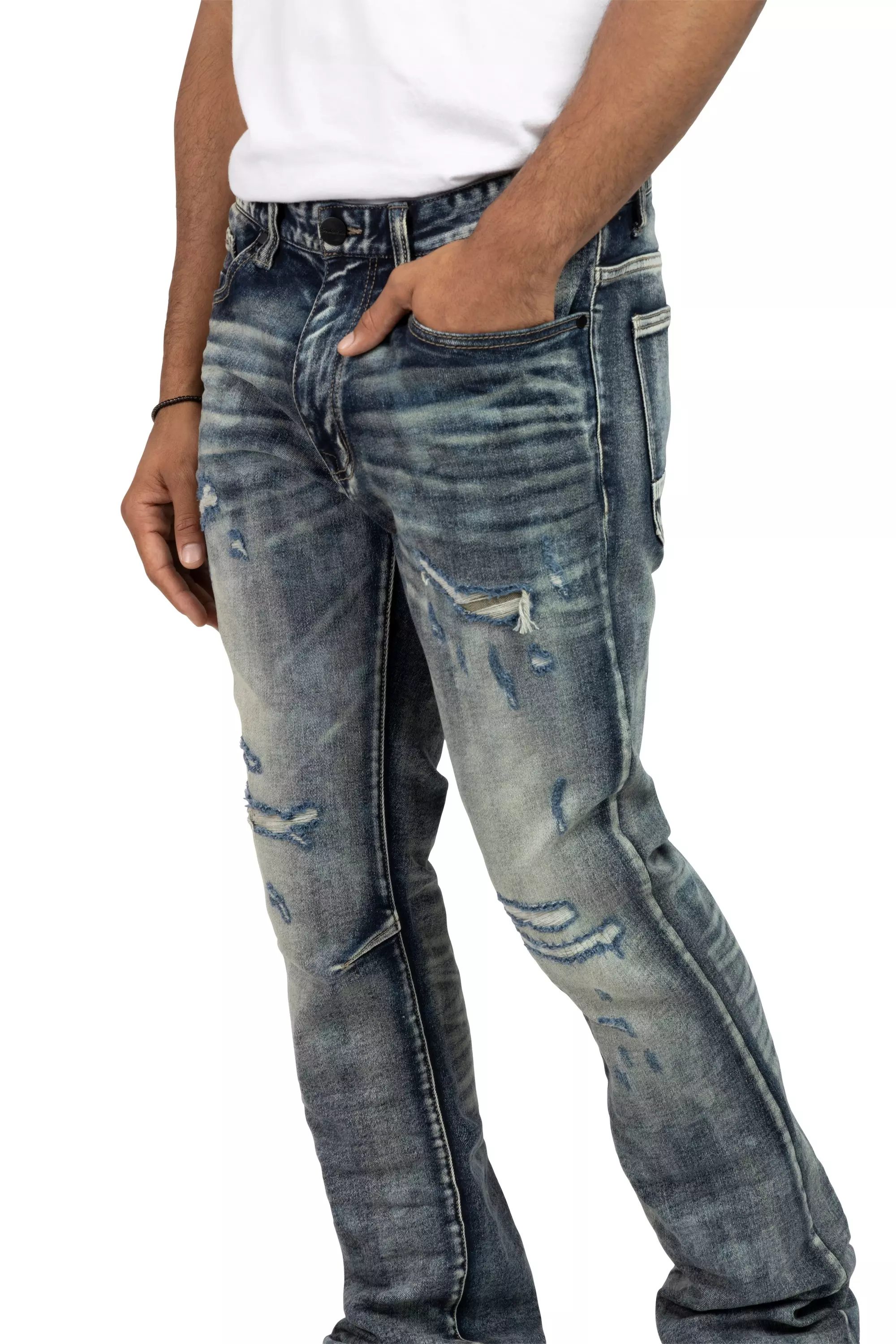 Smoke Rise Men's Lazy Stacked Flare Grunge Wash Denim Jeans - Frasco - BLUE