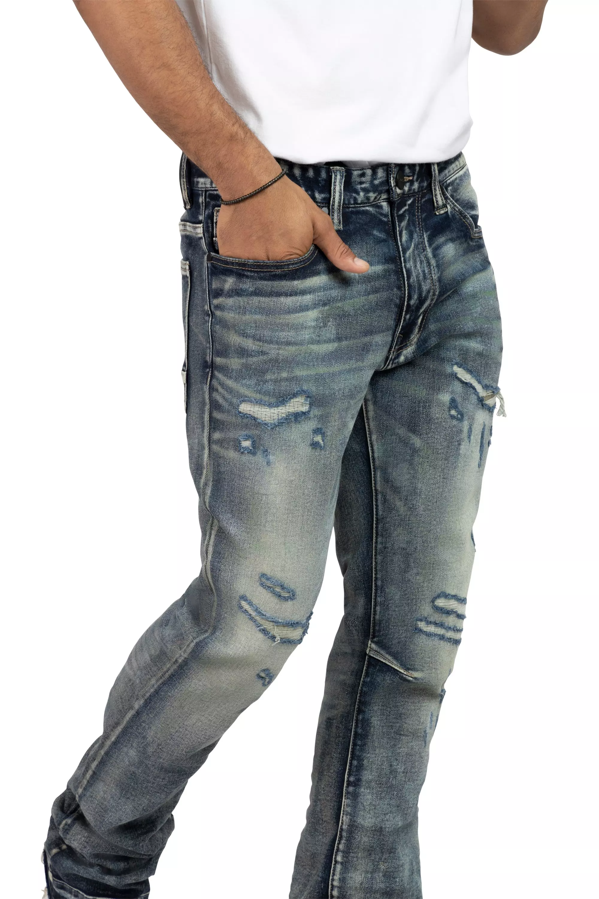 Smoke Rise Men's Lazy Stacked Flare Grunge Wash Denim Jeans - Frasco - BLUE