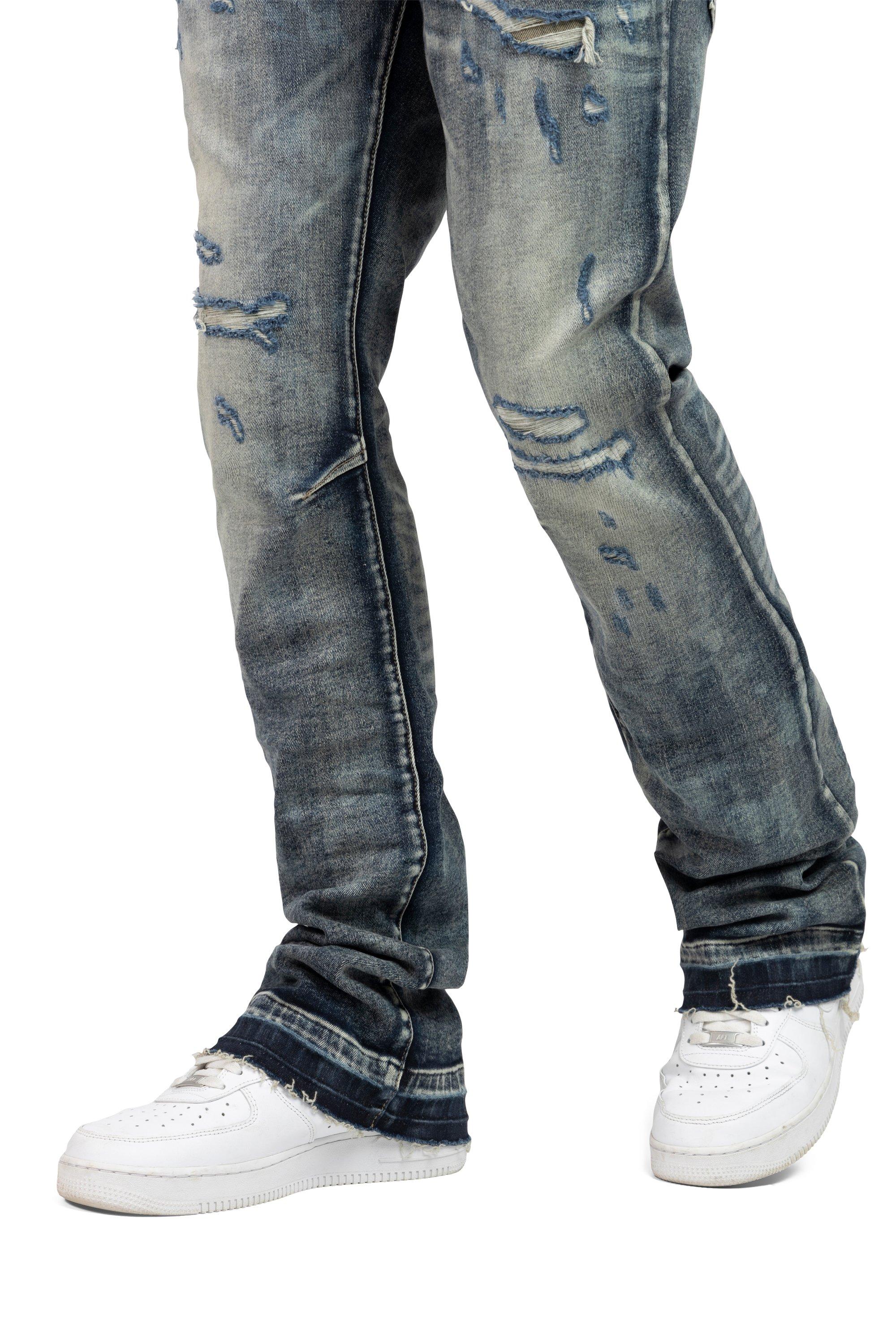 Smoke Rise Men's Lazy Stacked Flare Grunge Wash Denim Jeans - Frasco - BLUE Thumbnail View 7