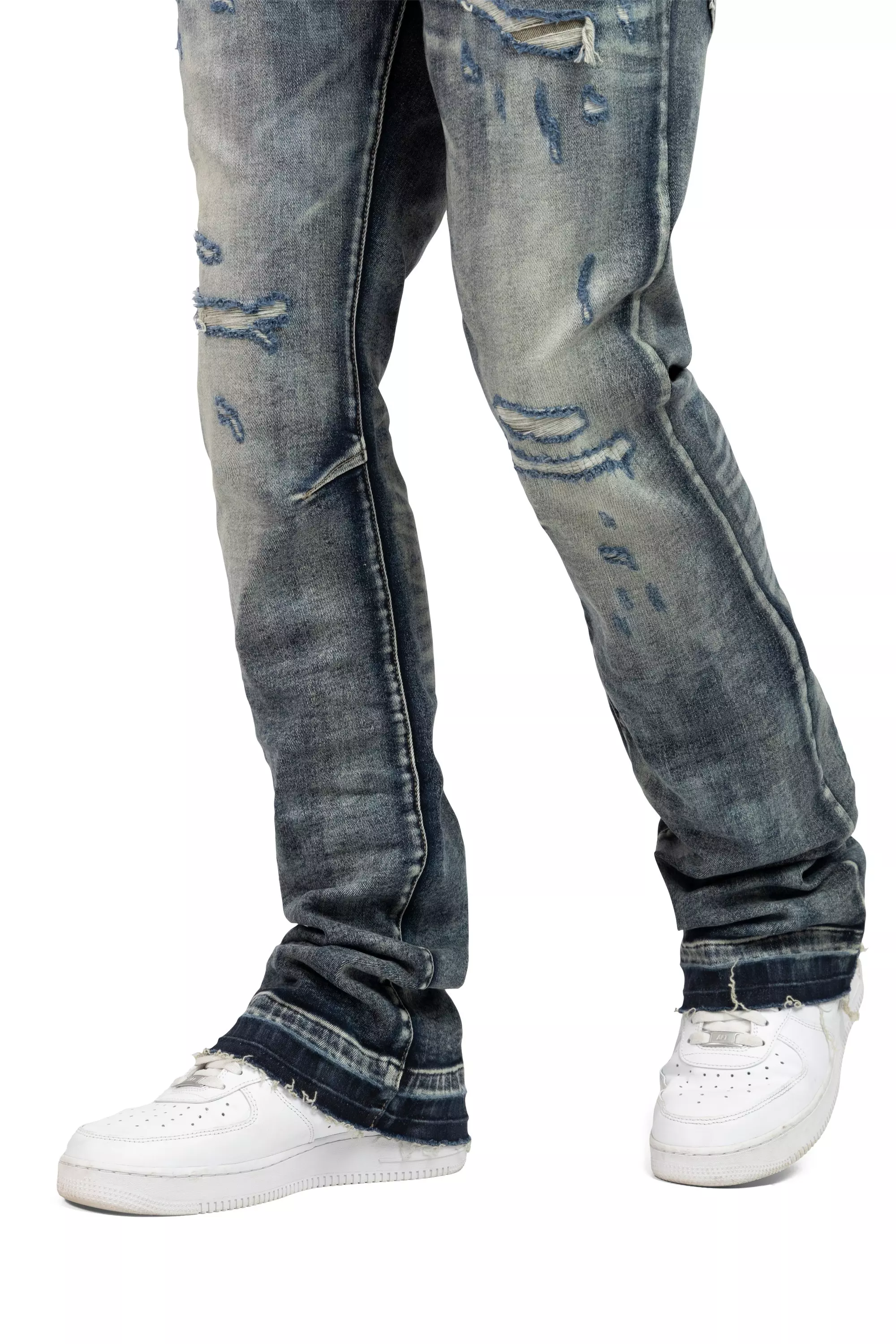 Smoke Rise Men's Lazy Stacked Flare Grunge Wash Denim Jeans - Frasco - BLUE
