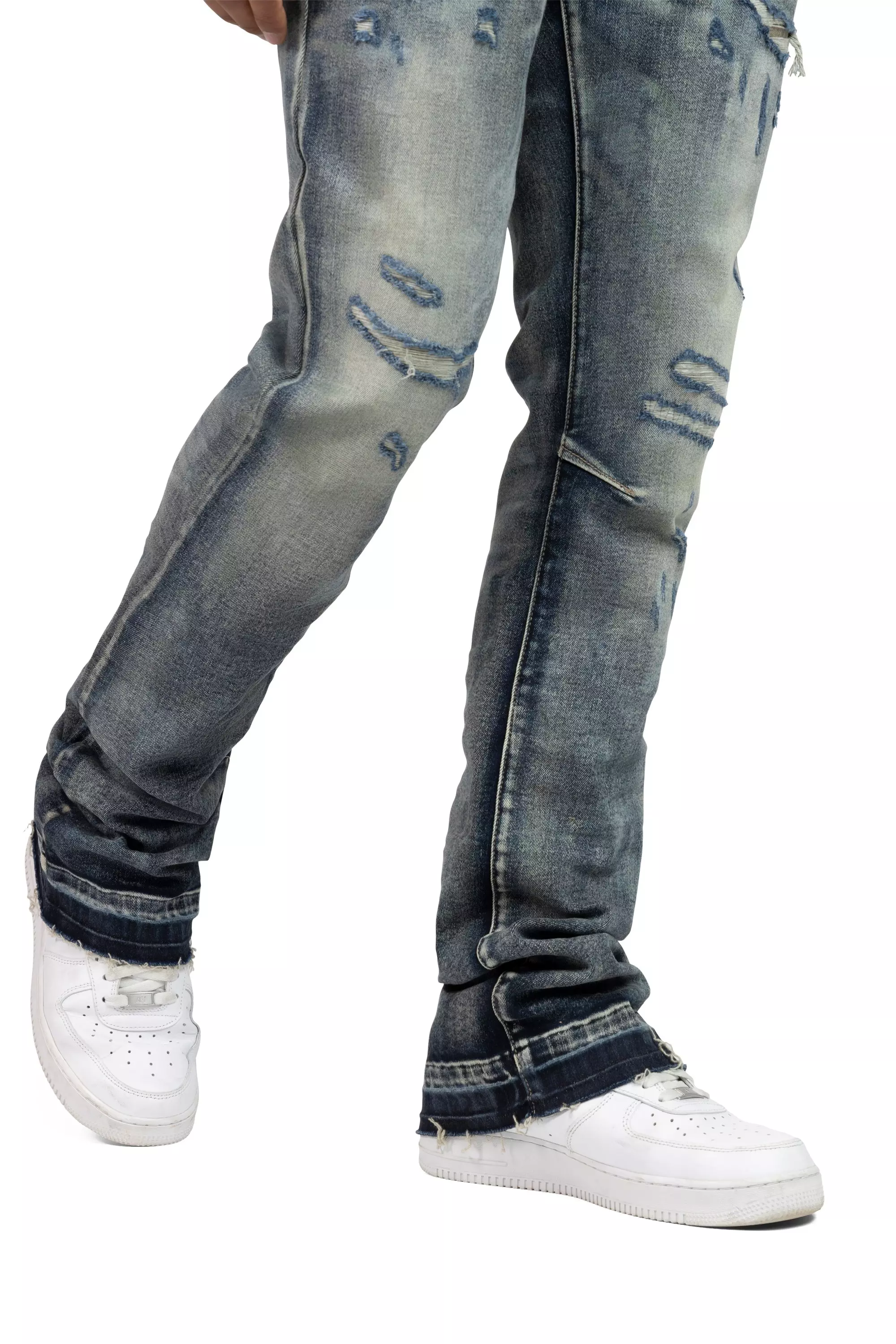 Smoke Rise Men's Lazy Stacked Flare Grunge Wash Denim Jeans - Frasco - BLUE